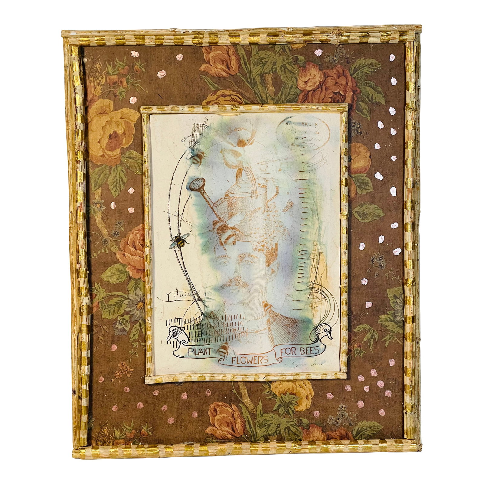 1950s Plant Flowers for Bees Rustic Frame Print: Antique poster art Plant Floweers for Bees in rustic frame with roses, gold and copper tone accents. Condition: Alterations: Original Condition Unaltered Imperfections: Some Imperfections Condition