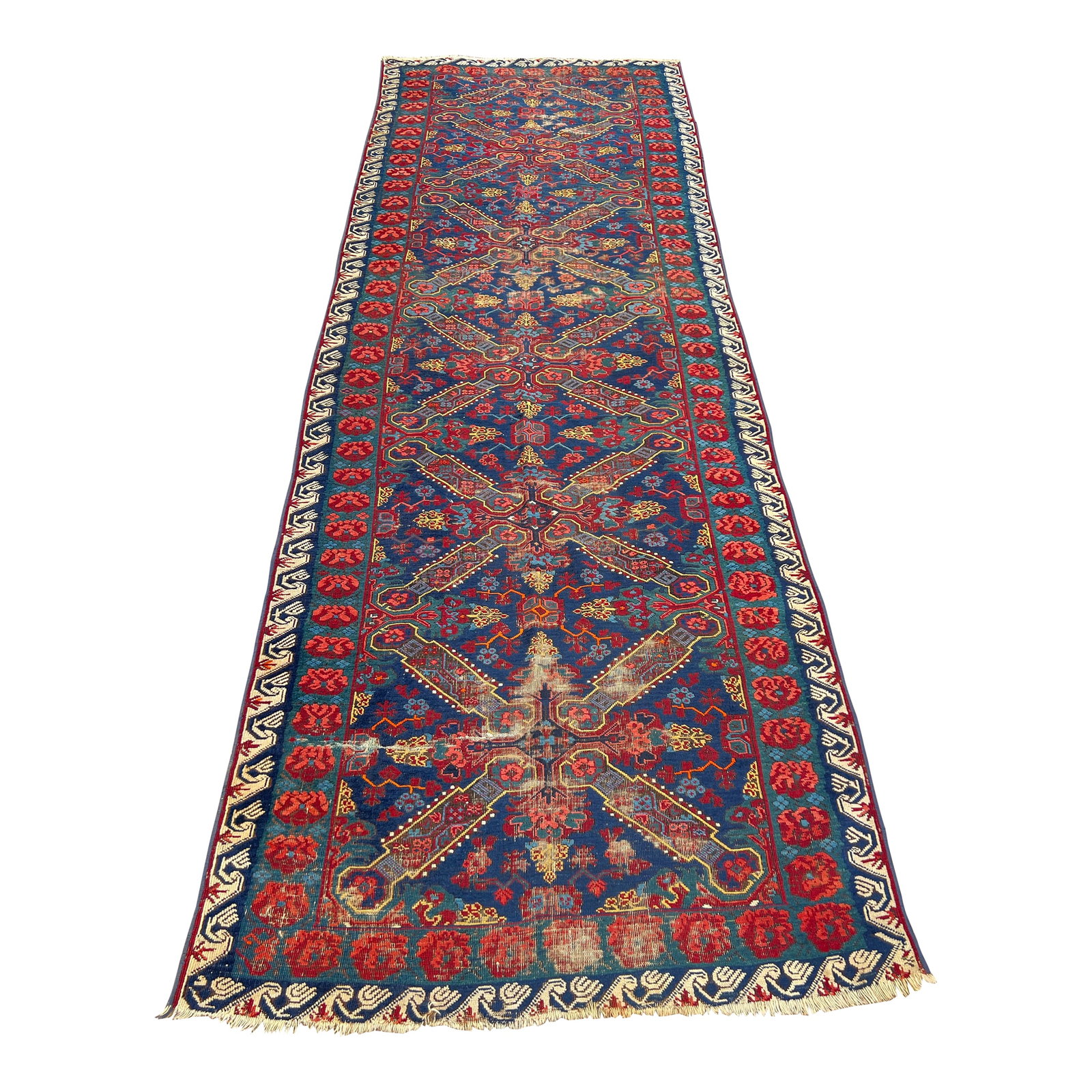 1910s Antique Karabag Rose Pattern Tribal Runner: All rugs have been professionally cleaned; original condition is not altered, age-related wear is considered normal in these unique, hand woven vintage rugs. It is common for slight variations in
