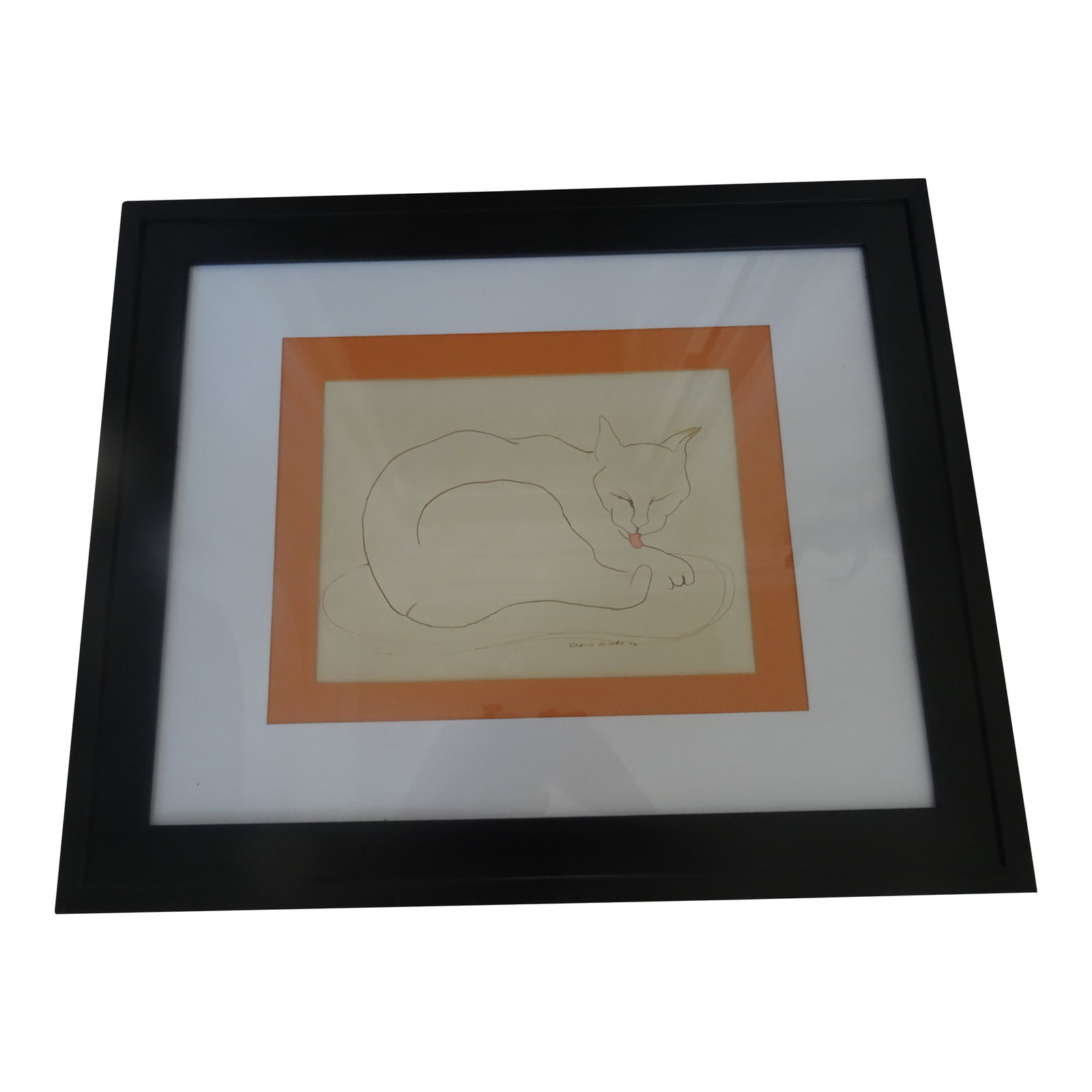 1970s Sleeping Kitty by Shawn Brooks: An interesting Ink drawing of a sleeping cat by Shawn Brooks from 1972. This piece is framed Image Approx 12"x9" Condition: Alterations: Original Condition Unaltered Imperfections: Some Imperfections
