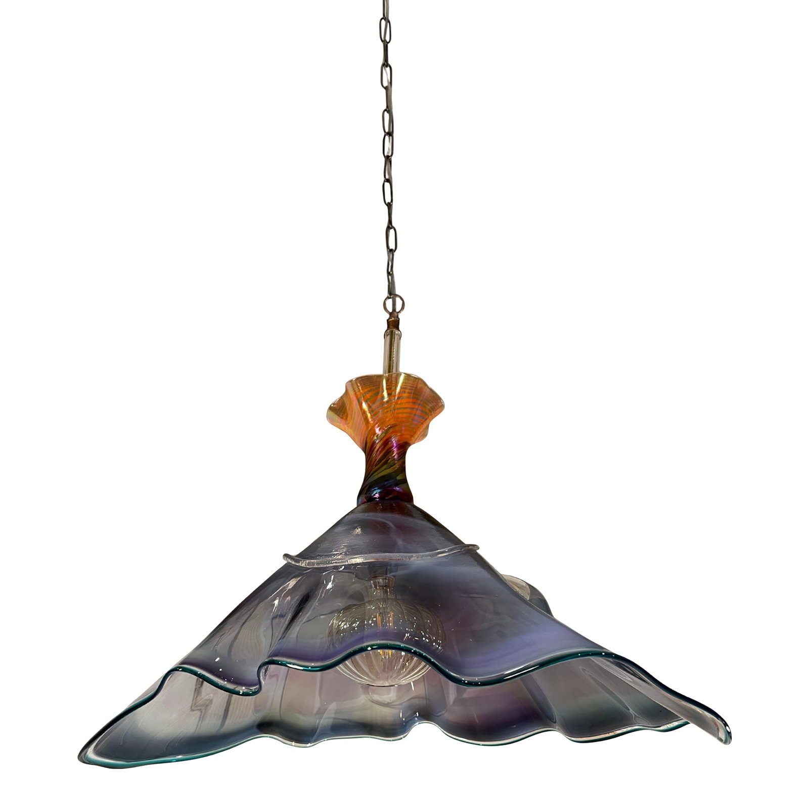 Vintage Hand Blown Multicolor Tiered Abstract Jellfish Art Glass Pendant Light: This one-of-a-kind pendant light is a sculptural composition of two hand-blown glass elements, standing about 24 inches tall and measuring roughly 23 inches wide by 16 inches deep. The large lower