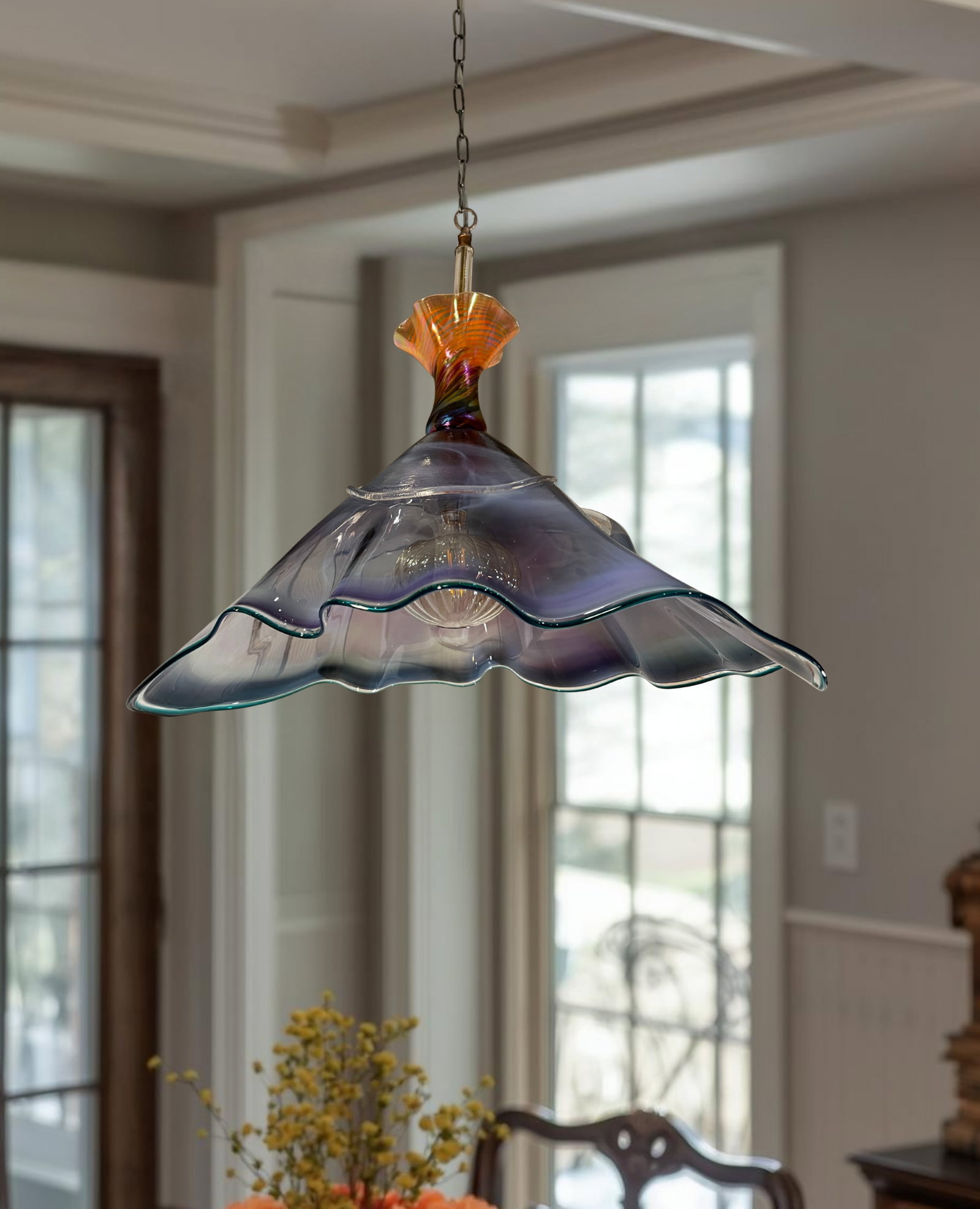 Vintage Hand Blown Multicolor Tiered Abstract Jellfish Art Glass Pendant Light - 8