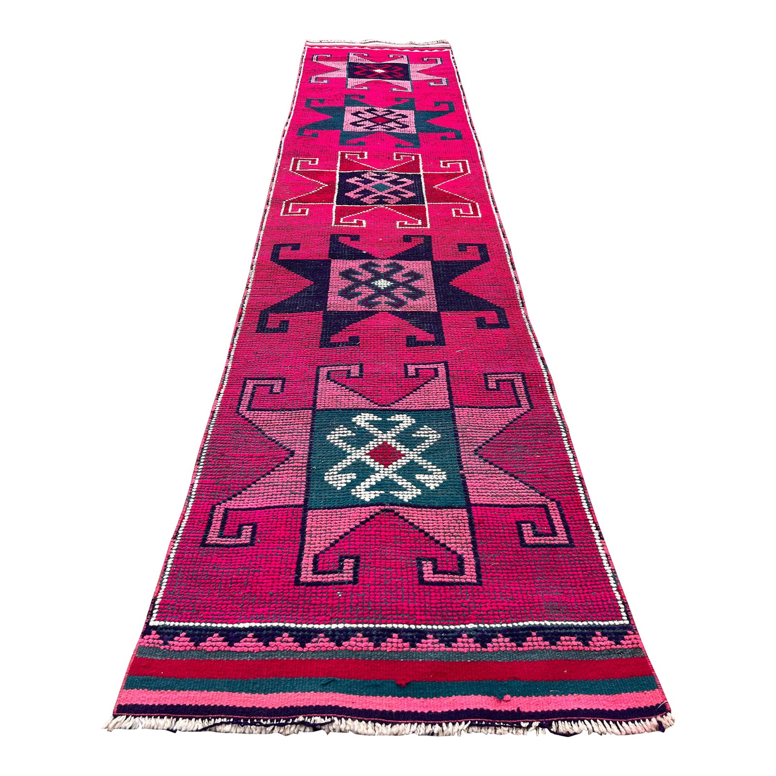 Vintage 1940s Herki Runner Rug, Handwoven, Hot Pink Geometric Pattern Wool Rug: All rugs have been professionally cleaned; original condition is not altered, age-related wear is considered normal in these unique, hand woven vintage rugs. It is common for slight variations in