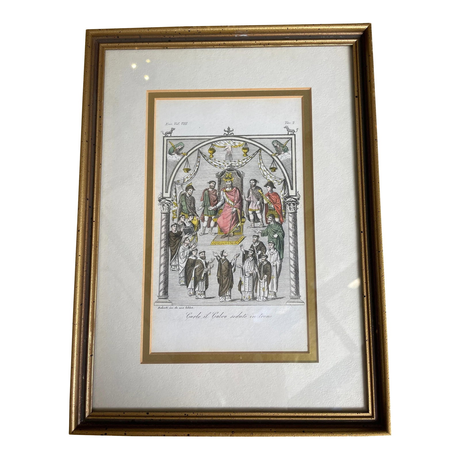 Antique Book Plate Engraving- 1816- King Charles II, The Bald, & Holy Roman Emporer: Professionally matted, framed & behind glass hand colored book plate engraving from 1816 book by Dr. Giulio Ferrario. Features the coronation of Charles II, The Bald, Frankish King & Holy Roman