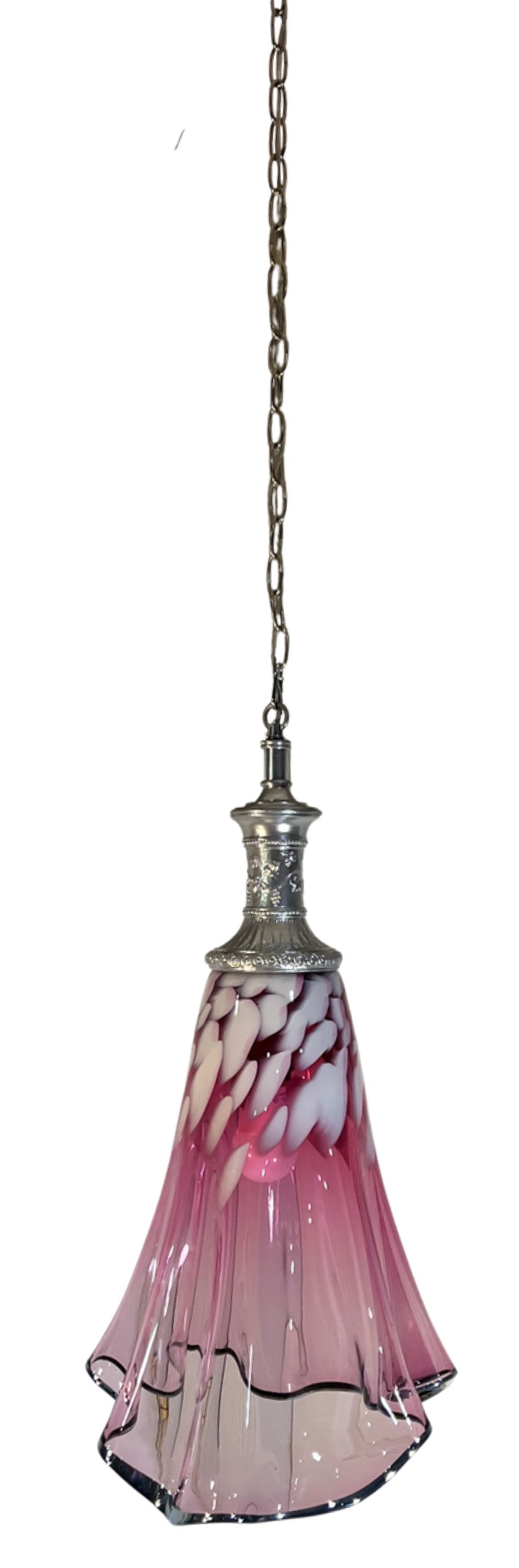 Large Fazzoletto Art Glass Raspberry Pink White Oval Pattern Pendant Light Signed - 12