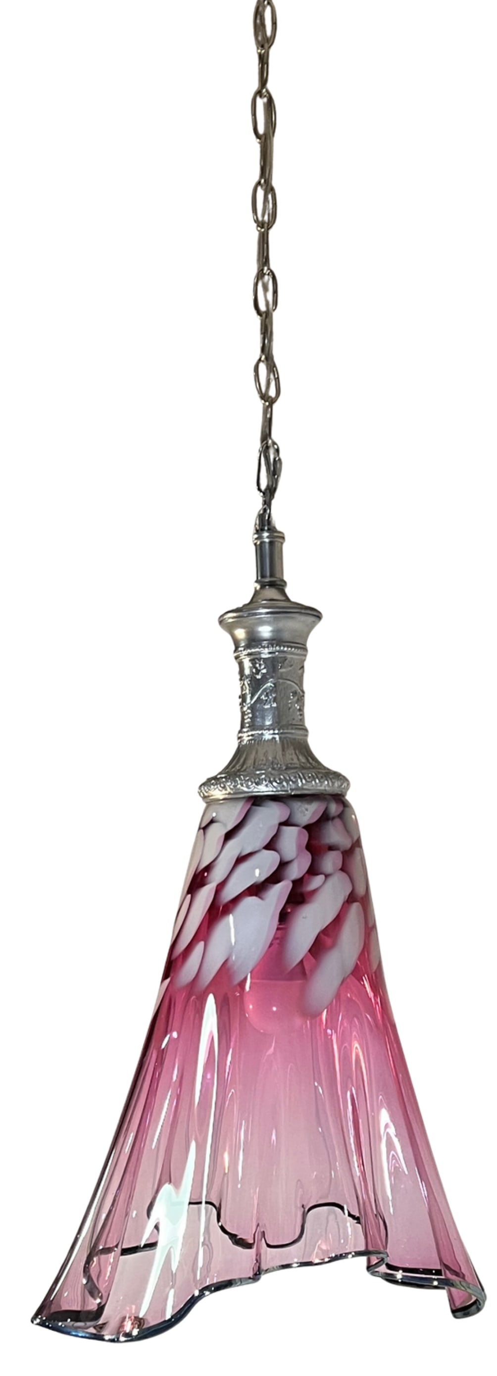 Large Fazzoletto Art Glass Raspberry Pink White Oval Pattern Pendant Light Signed - 14