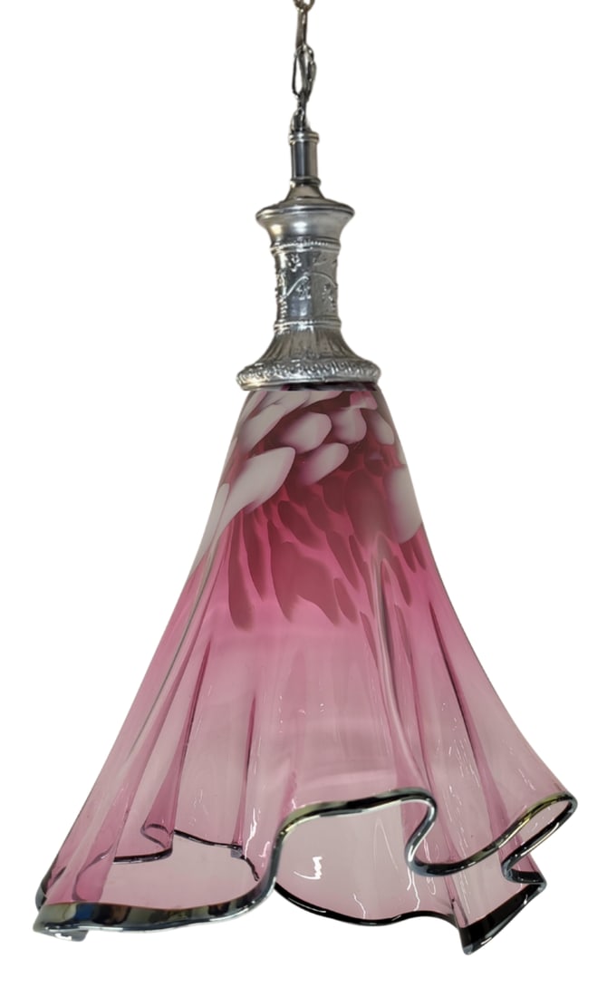 Large Fazzoletto Art Glass Raspberry Pink White Oval Pattern Pendant Light Signed - 17