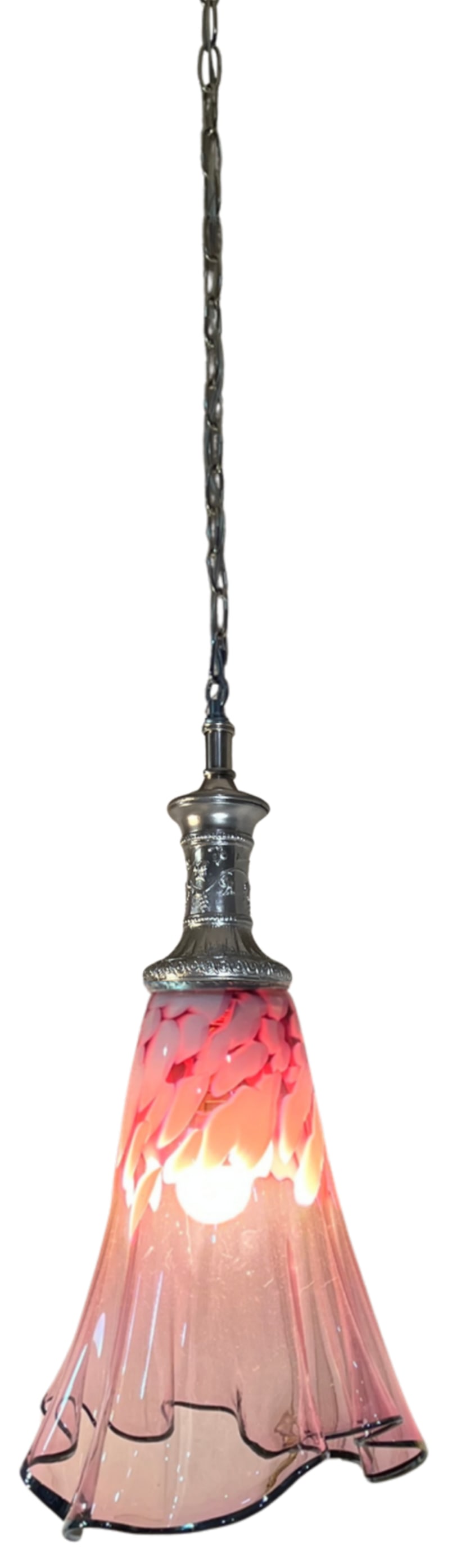 Large Fazzoletto Art Glass Raspberry Pink White Oval Pattern Pendant Light Signed - 9