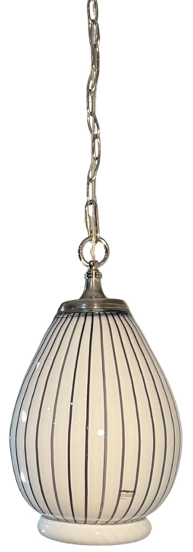 Vintage Murano Striscia Art Glass White Oval Pendant Light With Black Stripes - 10