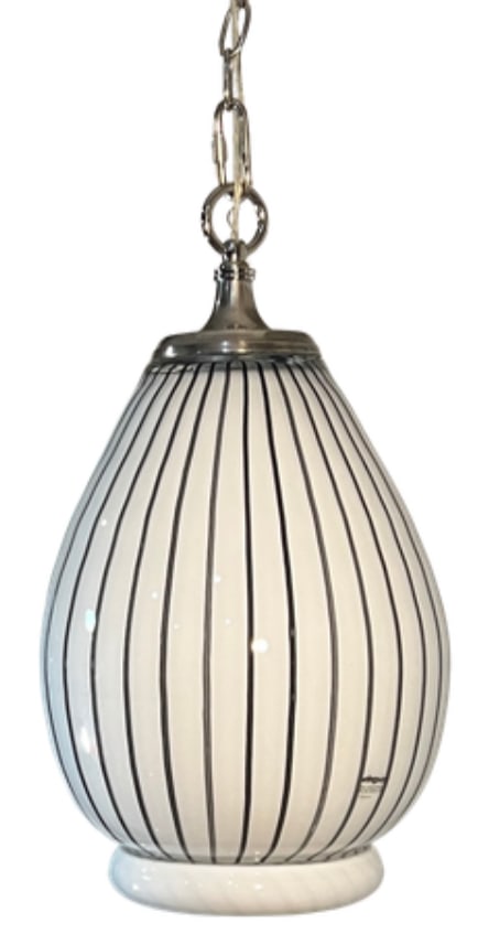 Vintage Murano Striscia Art Glass White Oval Pendant Light With Black Stripes - 12