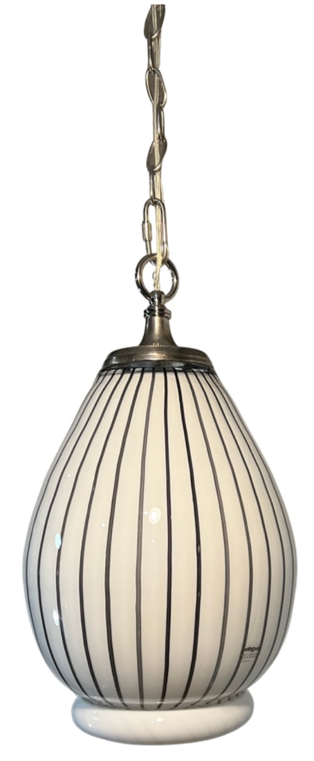 Vintage Murano Striscia Art Glass White Oval Pendant Light With Black Stripes - 17