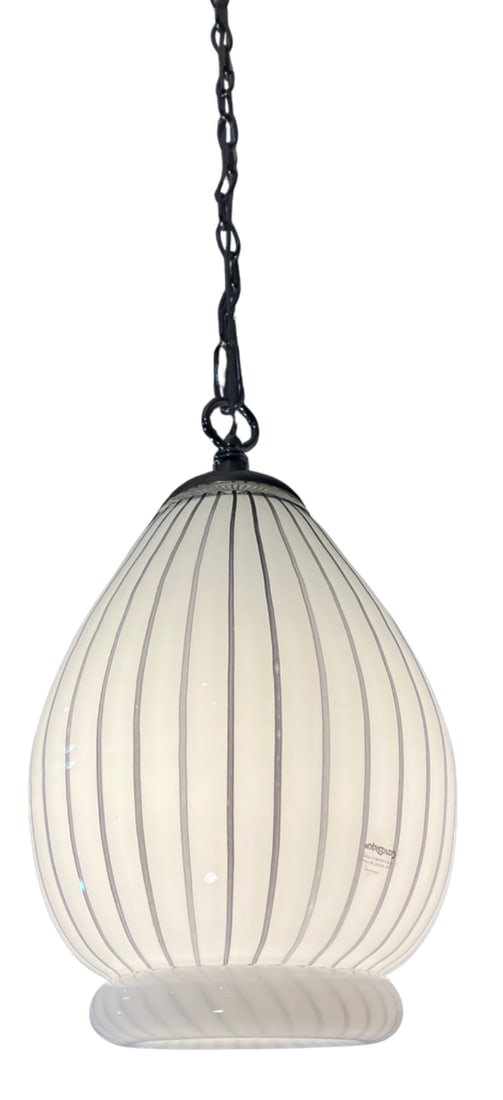 Vintage Murano Striscia Art Glass White Oval Pendant Light With Black Stripes - 3
