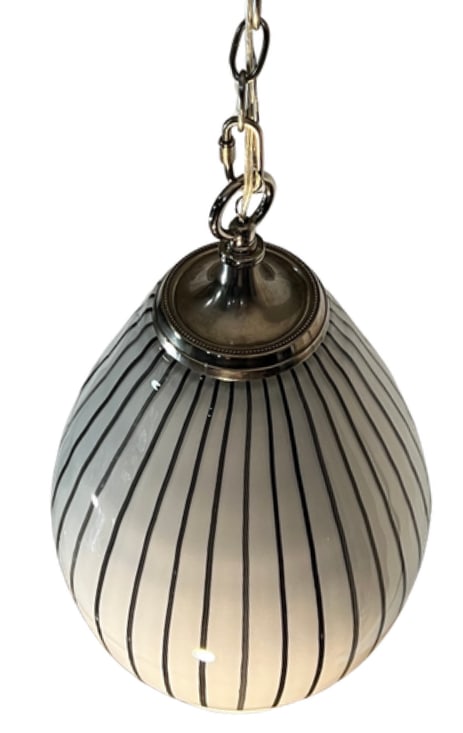 Vintage Murano Striscia Art Glass White Oval Pendant Light With Black Stripes - 4