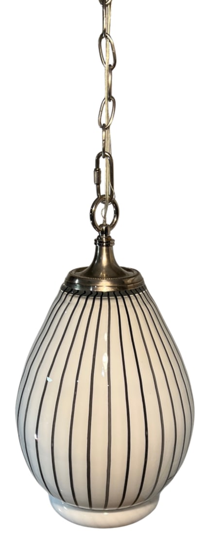 Vintage Murano Striscia Art Glass White Oval Pendant Light With Black Stripes - 6