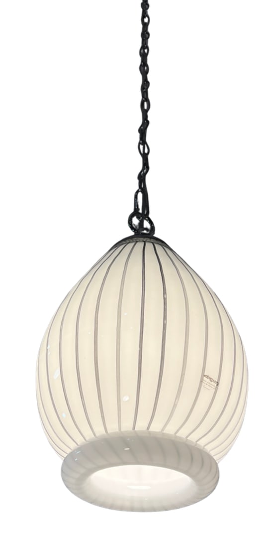 Vintage Murano Striscia Art Glass White Oval Pendant Light With Black Stripes - 8