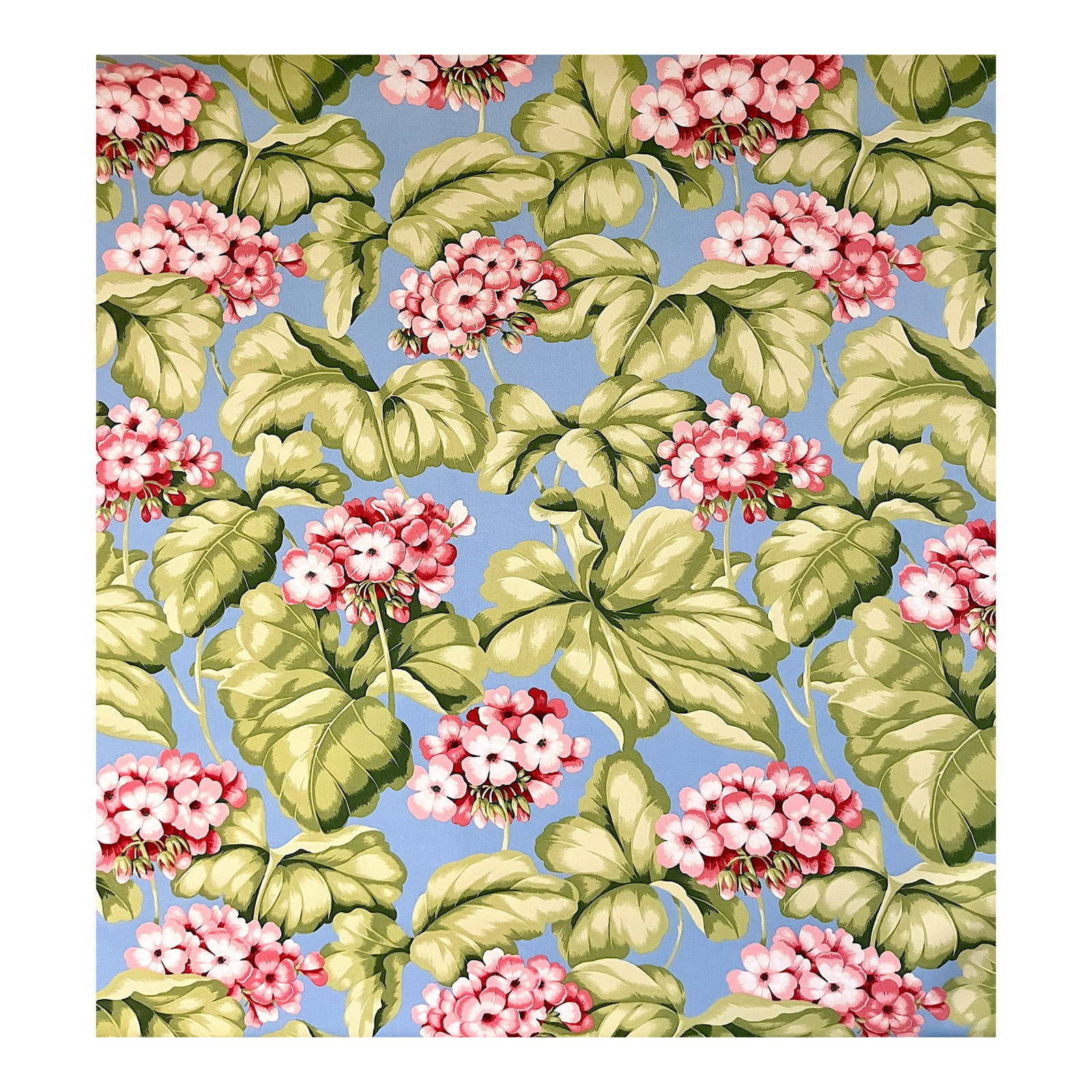 Discontinued Bloomcraft Floral Screen Print Fabric - 4 Yards in Sky Blue & Pink Geranium Pattern: A striking and increasingly difficult-to-find four-yard length of discontinued Bloomcraft screen print fabric featuring lush pink geranium blossoms and oversized leafy botanicals set against a