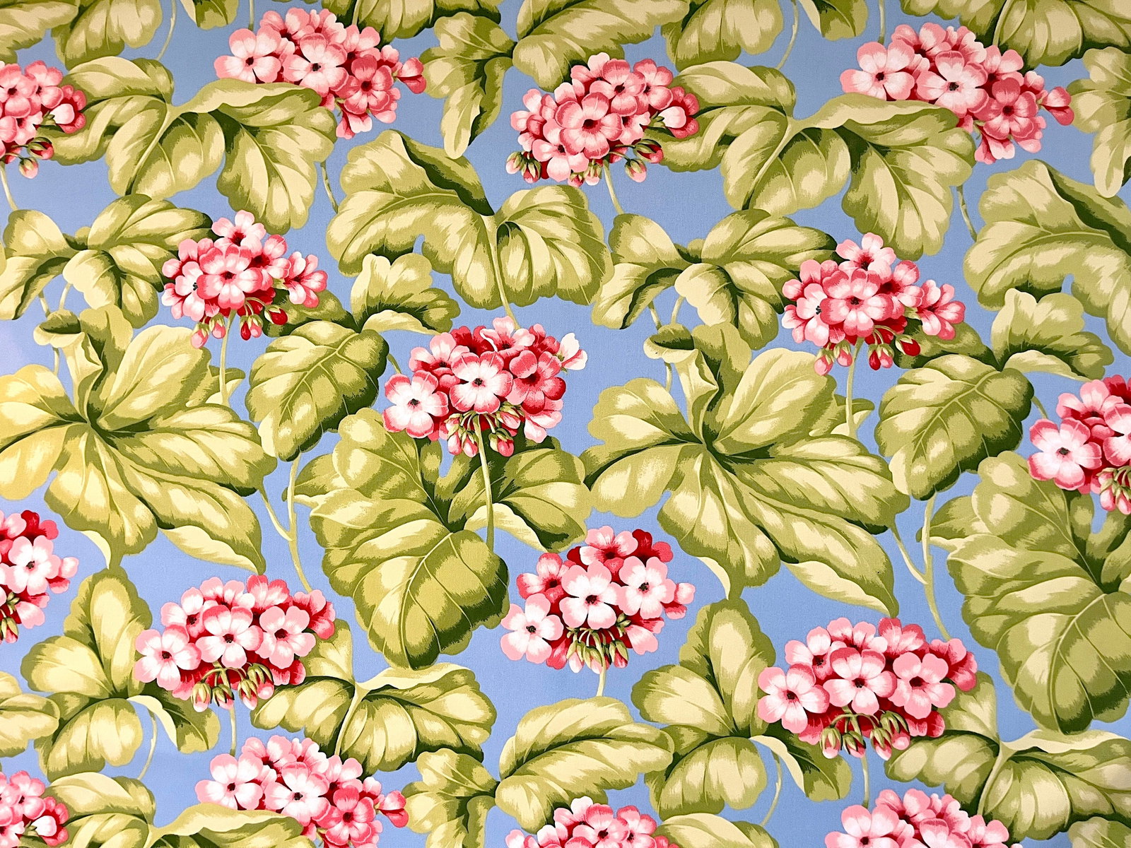 Discontinued Bloomcraft Floral Screen Print Fabric - 4 Yards in Sky Blue & Pink Geranium Pattern - 2
