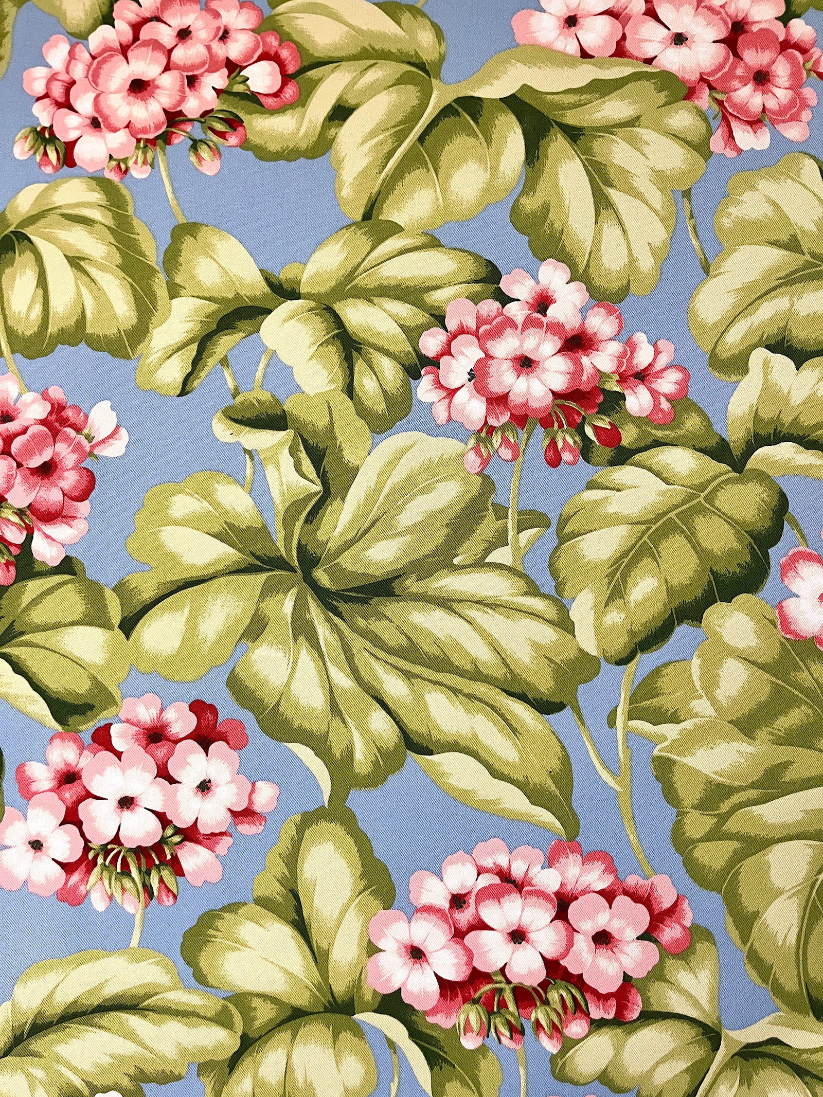 Discontinued Bloomcraft Floral Screen Print Fabric - 4 Yards in Sky Blue & Pink Geranium Pattern - 3