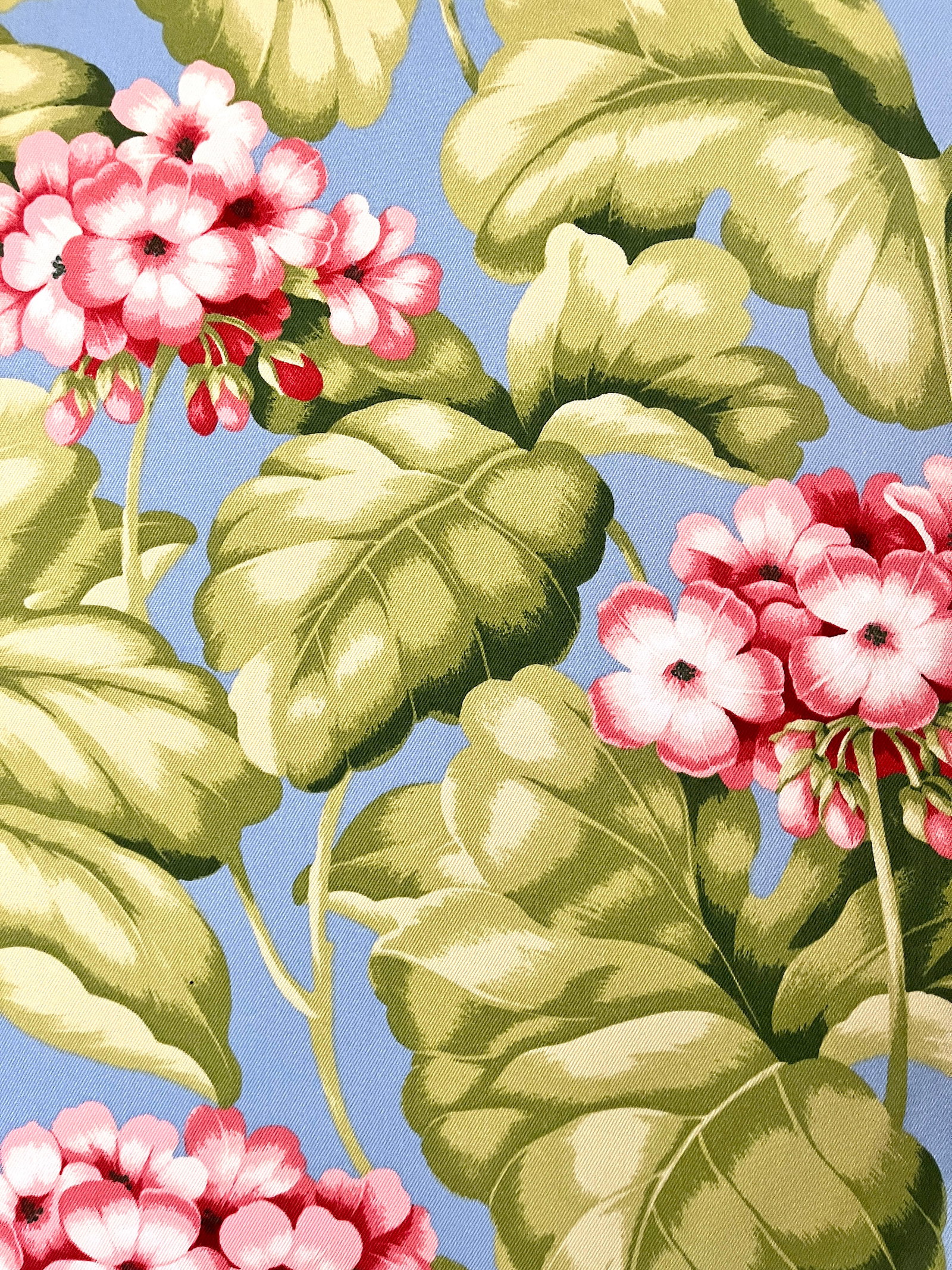 Discontinued Bloomcraft Floral Screen Print Fabric - 4 Yards in Sky Blue & Pink Geranium Pattern - 4