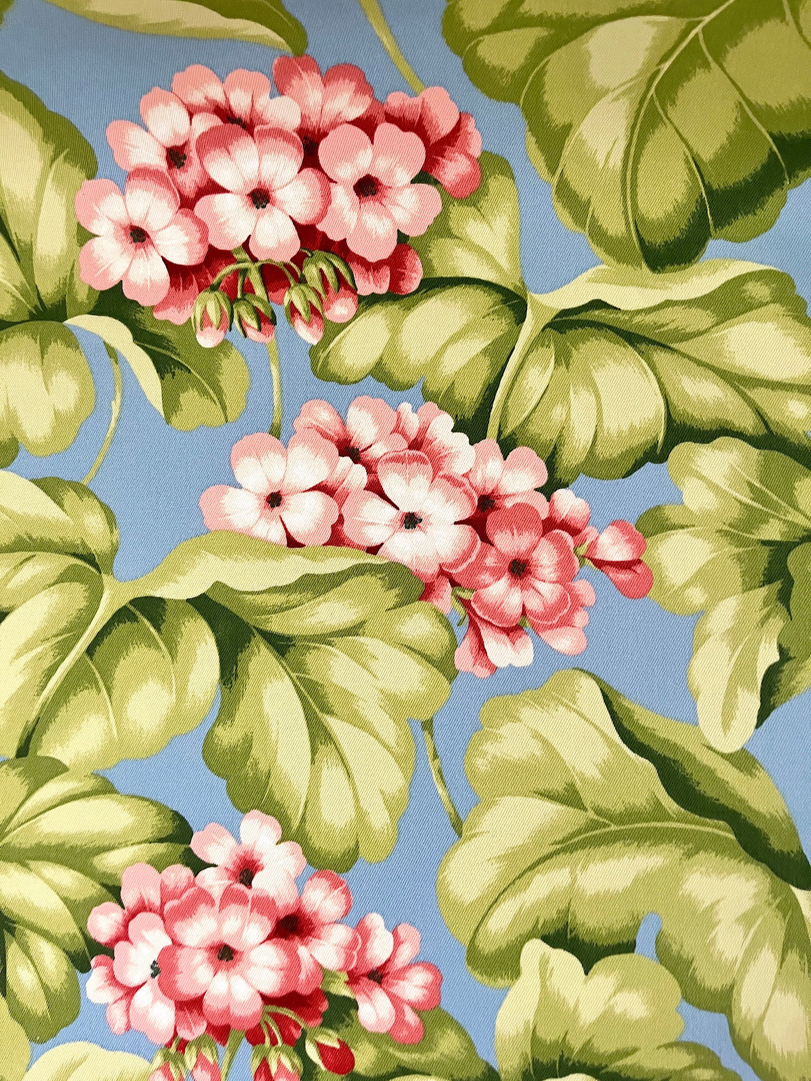 Discontinued Bloomcraft Floral Screen Print Fabric - 4 Yards in Sky Blue & Pink Geranium Pattern - 5