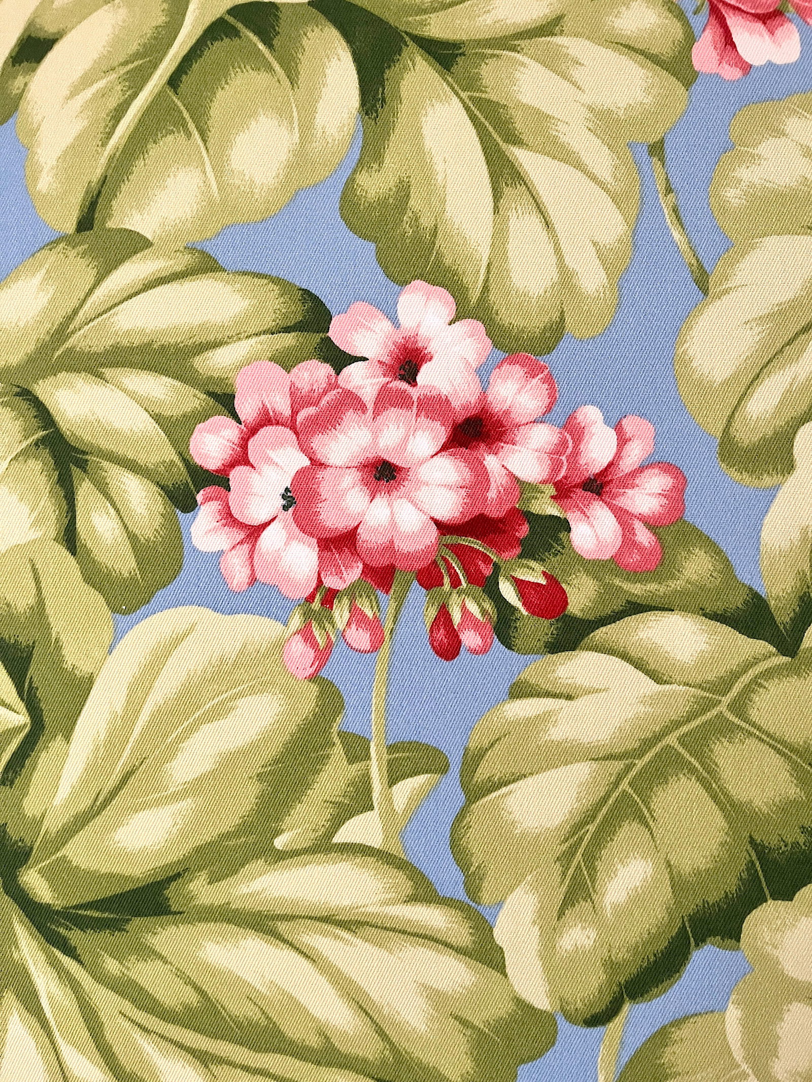 Discontinued Bloomcraft Floral Screen Print Fabric - 4 Yards in Sky Blue & Pink Geranium Pattern - 6