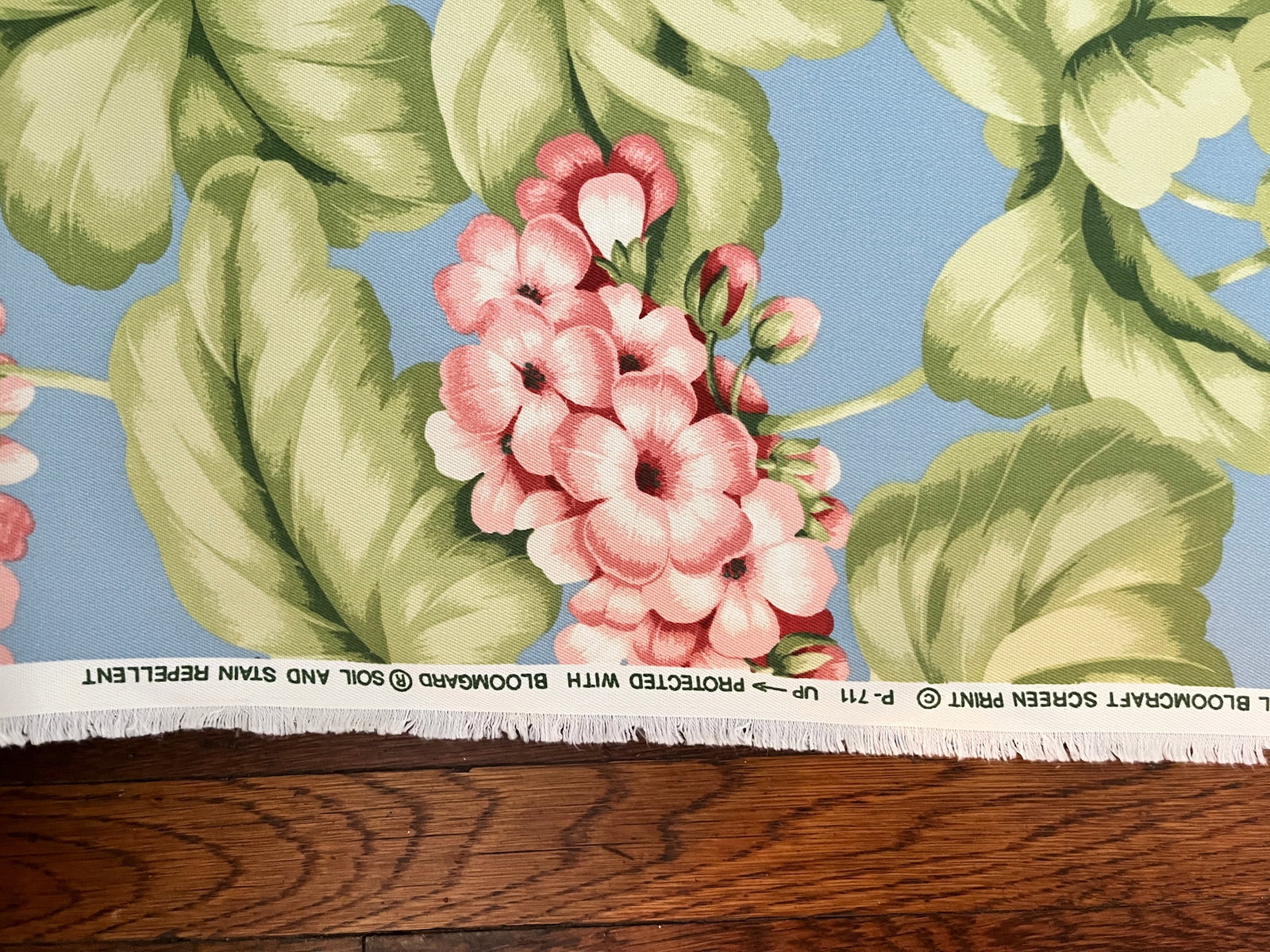 Discontinued Bloomcraft Floral Screen Print Fabric - 4 Yards in Sky Blue & Pink Geranium Pattern - 7