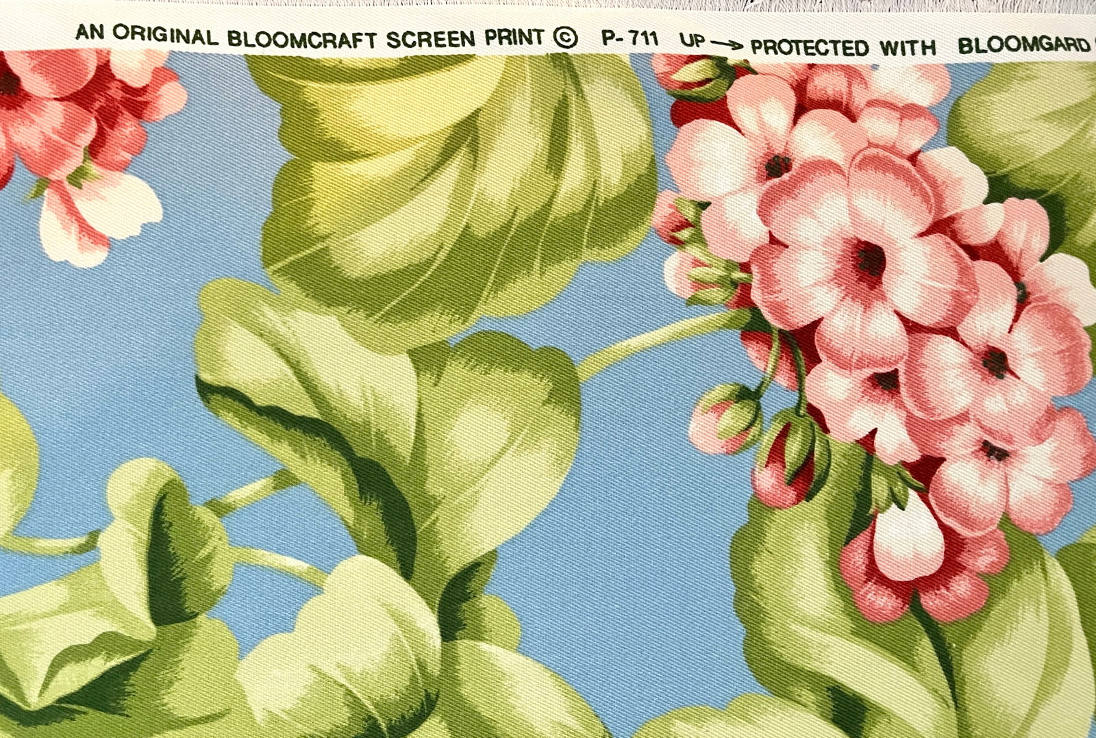 Discontinued Bloomcraft Floral Screen Print Fabric - 4 Yards in Sky Blue & Pink Geranium Pattern - 8