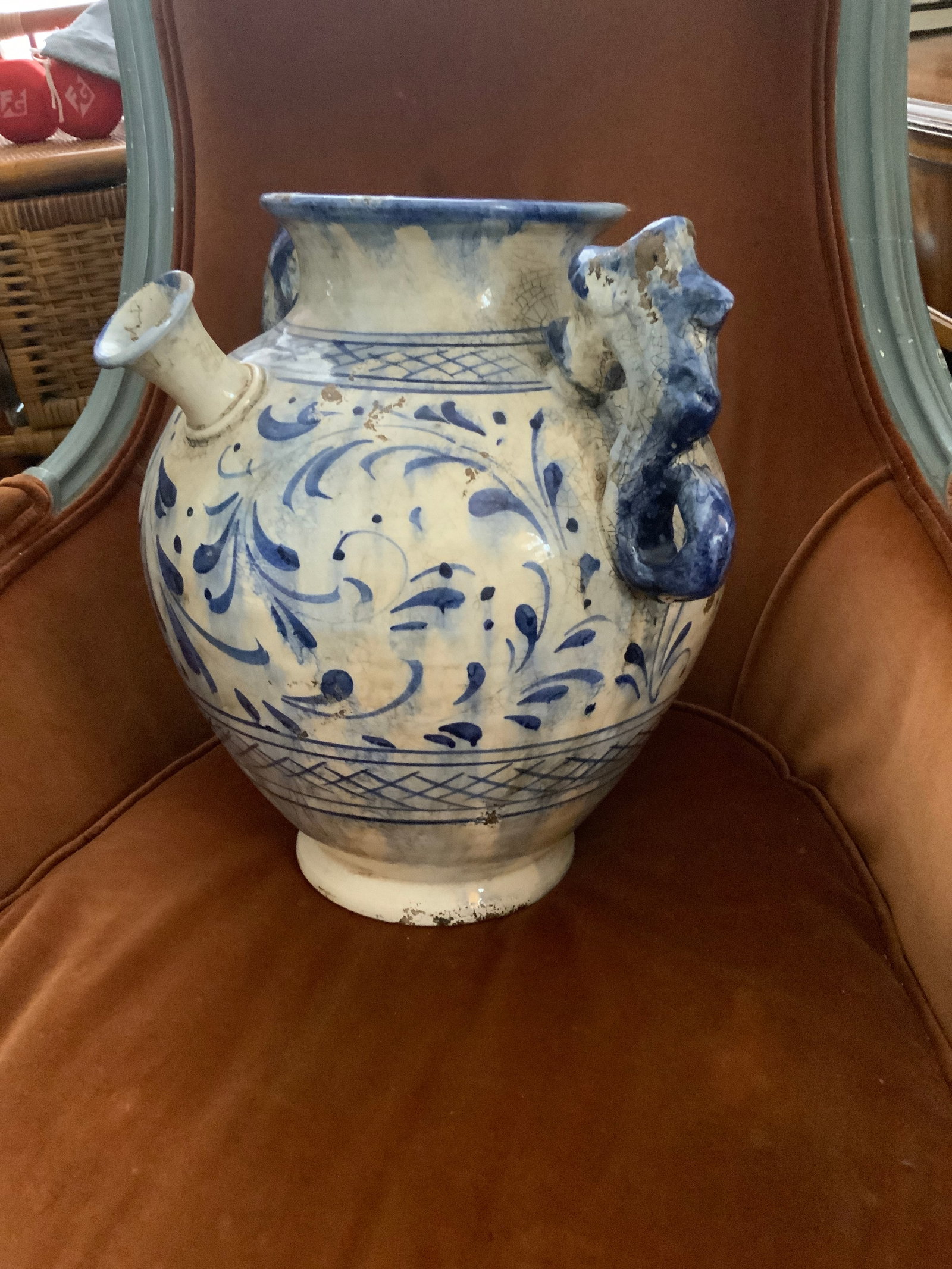 Mid 19th Century Large Italian Glazed Pottery Vase. With Seahorse Handles. Made in Tuscany for Fortu - 2