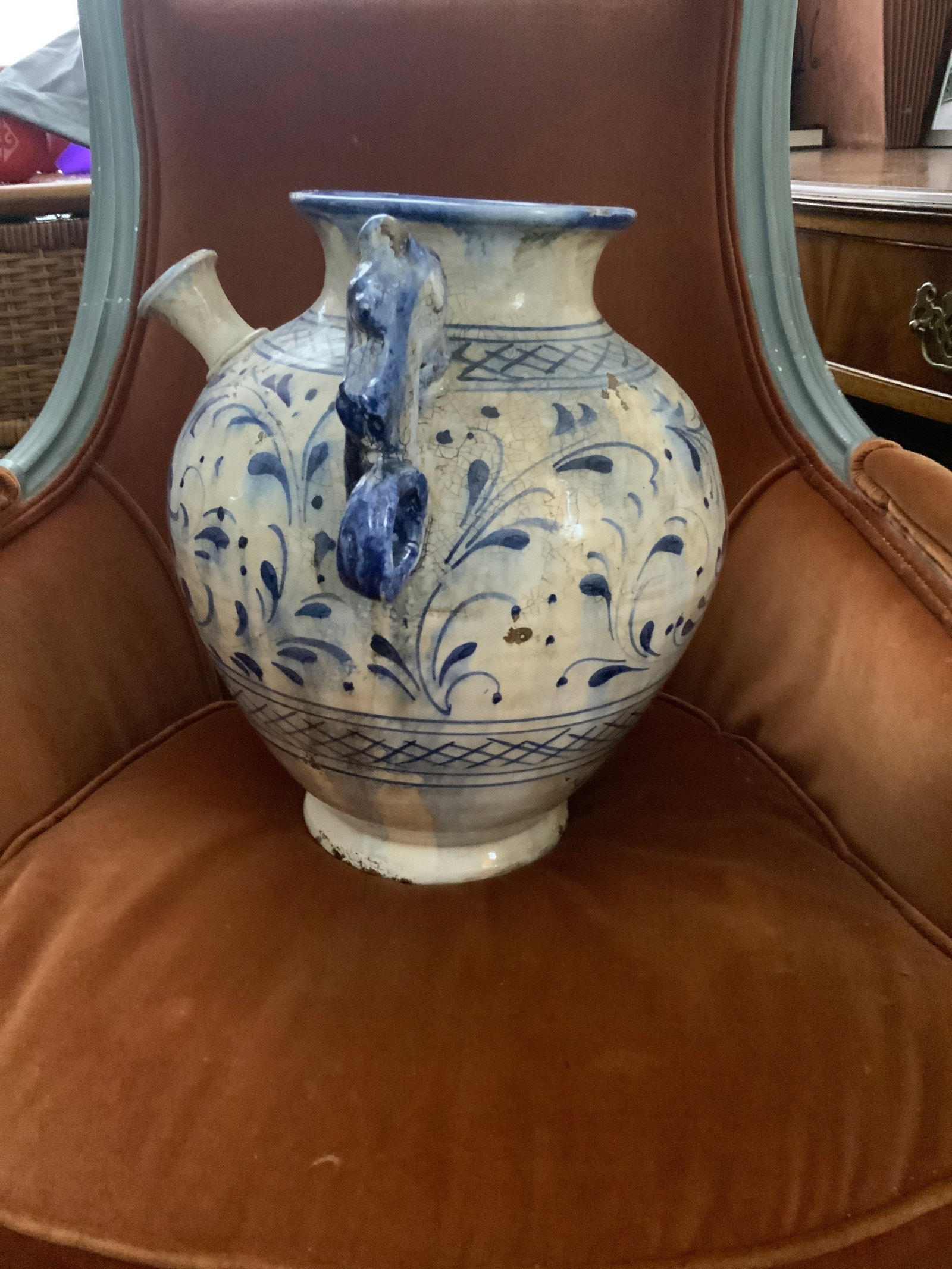 Mid 19th Century Large Italian Glazed Pottery Vase. With Seahorse Handles. Made in Tuscany for Fortu - 3