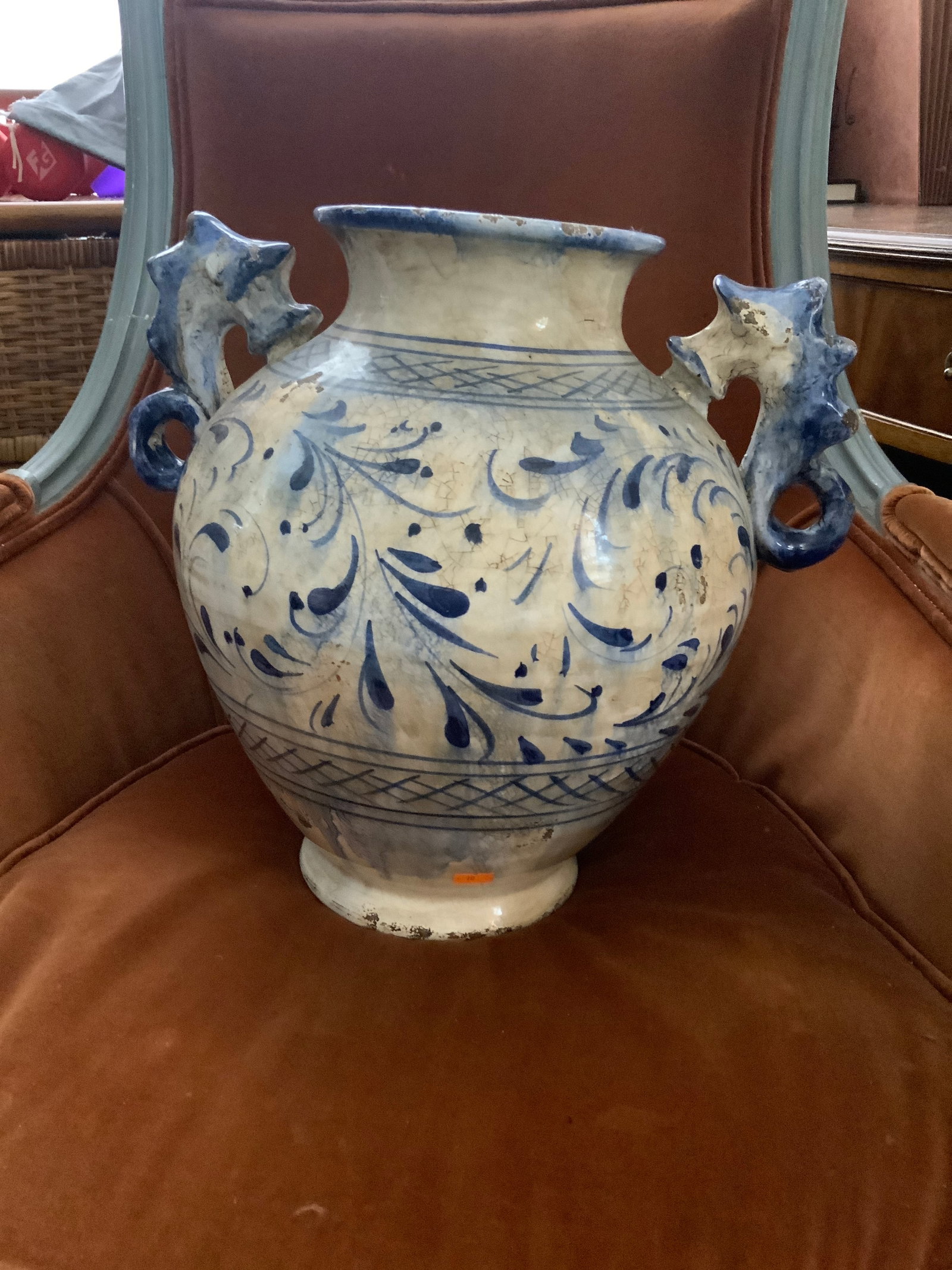 Mid 19th Century Large Italian Glazed Pottery Vase. With Seahorse Handles. Made in Tuscany for Fortu - 4