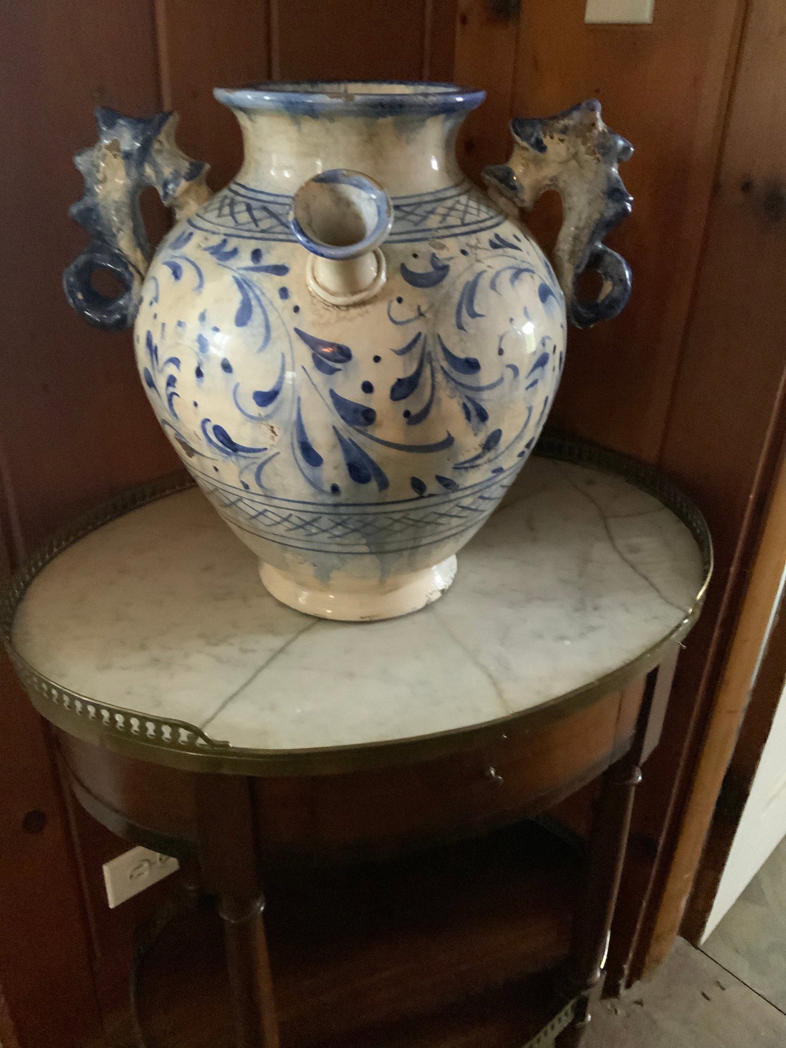 Mid 19th Century Large Italian Glazed Pottery Vase. With Seahorse Handles. Made in Tuscany for Fortu - 5