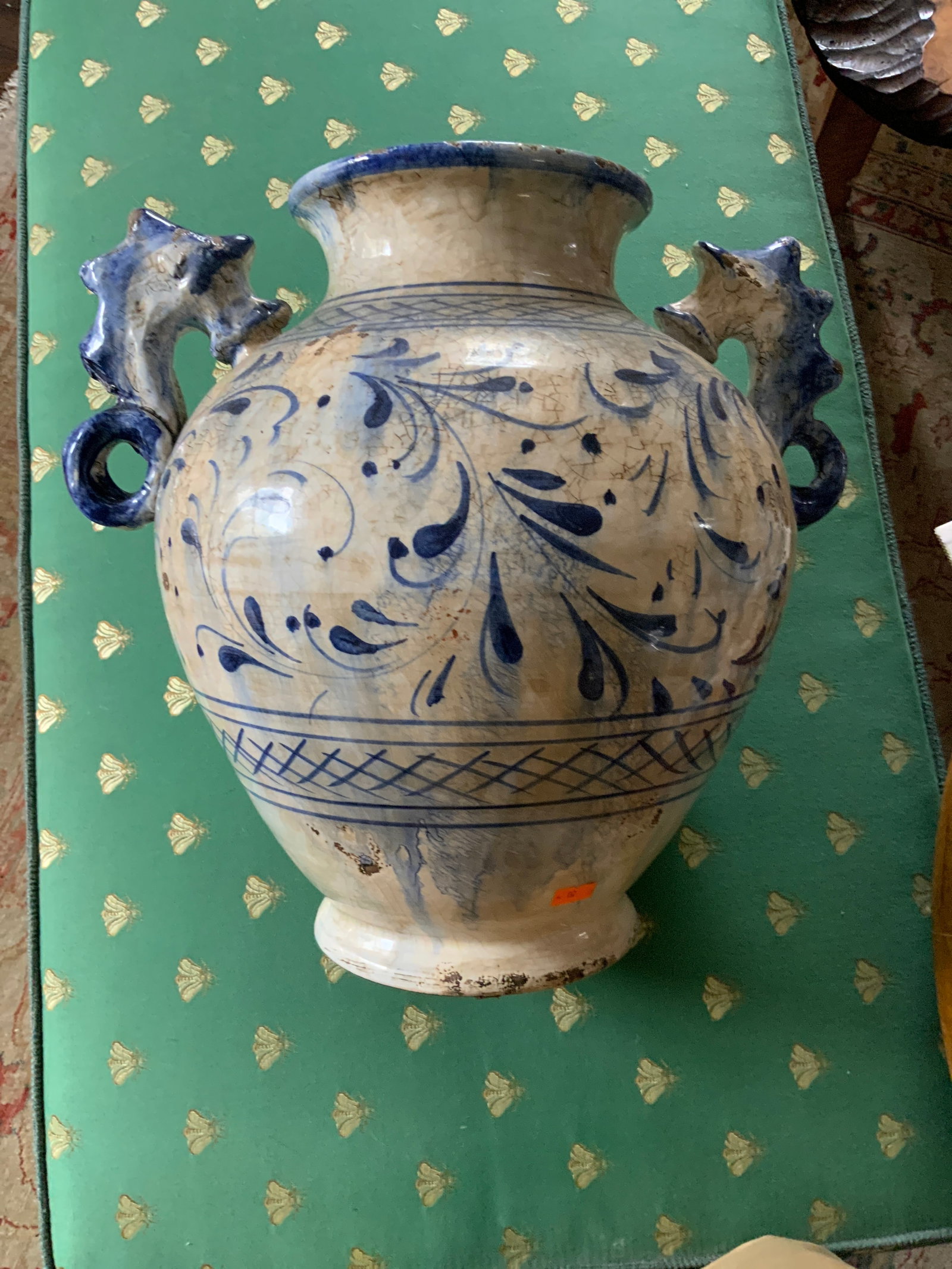 Mid 19th Century Large Italian Glazed Pottery Vase. With Seahorse Handles. Made in Tuscany for Fortu - 9