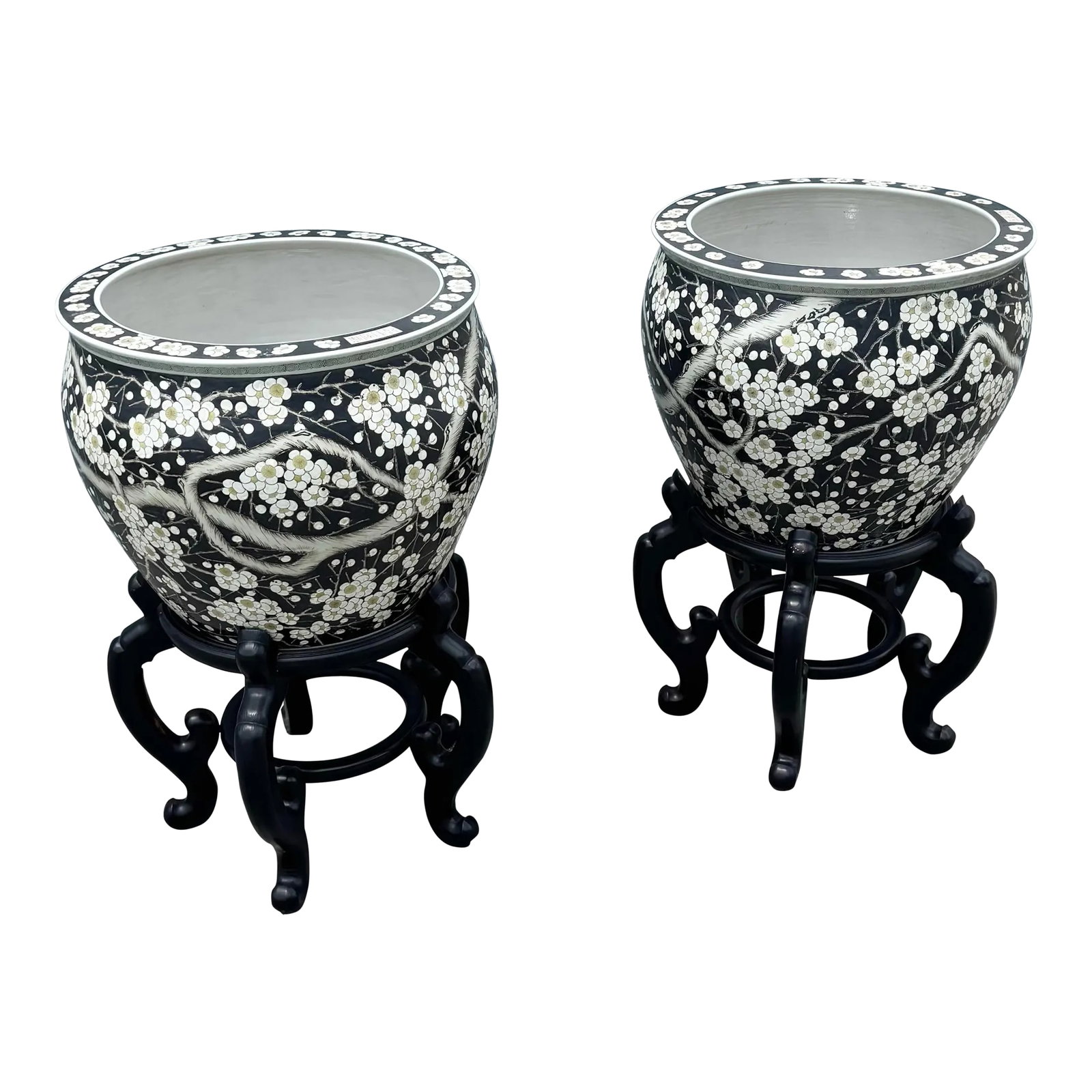 Vintage Chinese Hand Painted Floor Vases/Fish Bowls on Wooden Stands - A Pair: A beautifully executed pair of vintage Chinese hand-painted floor vases, traditionally used as fish bowls, resting on intricately carved wooden stands. Each vessel features a striking black ground