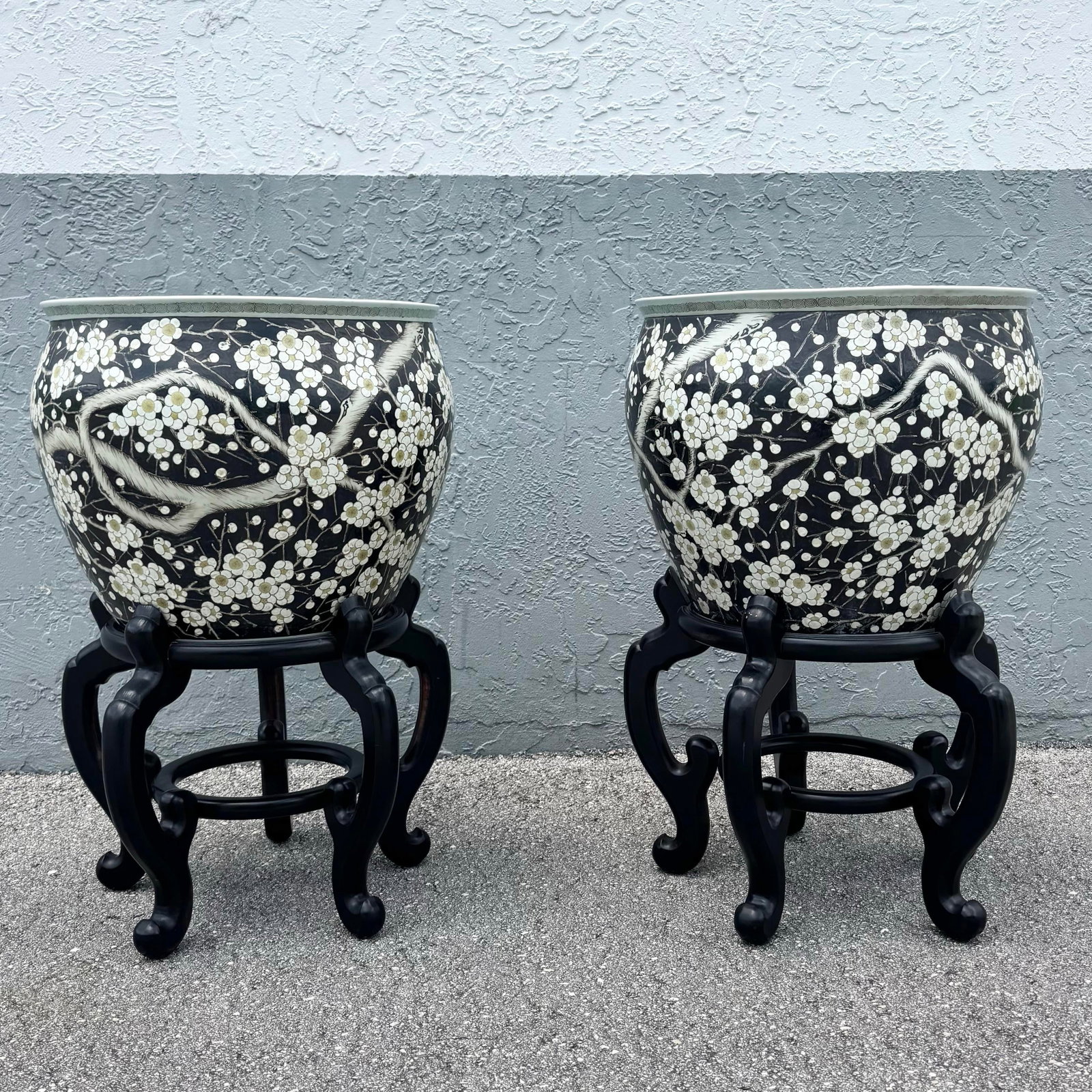 Vintage Chinese Hand Painted Floor Vases/Fish Bowls on Wooden Stands - A Pair - 2