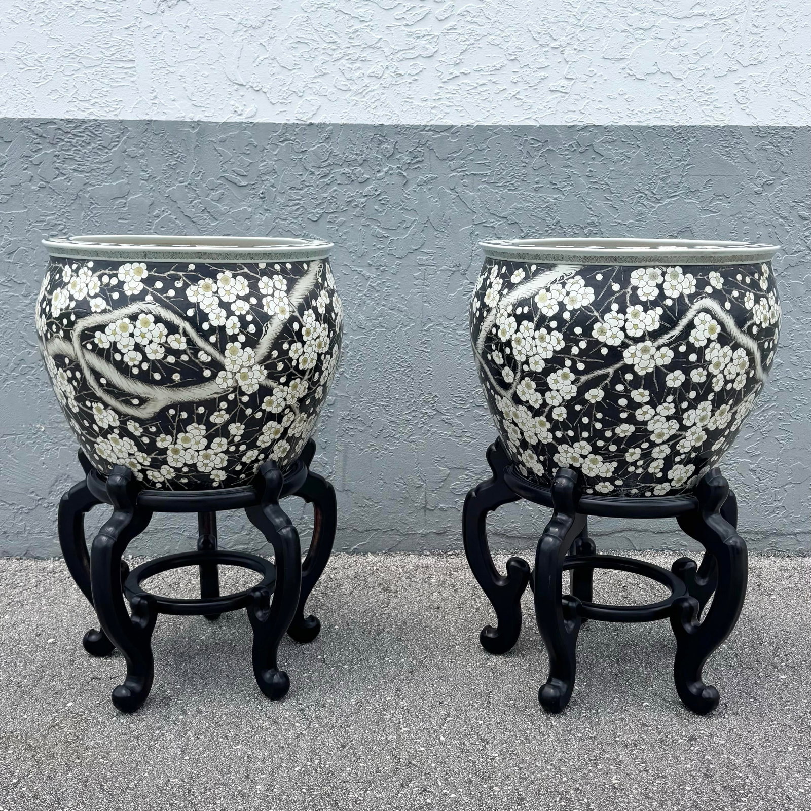 Vintage Chinese Hand Painted Floor Vases/Fish Bowls on Wooden Stands - A Pair - 3