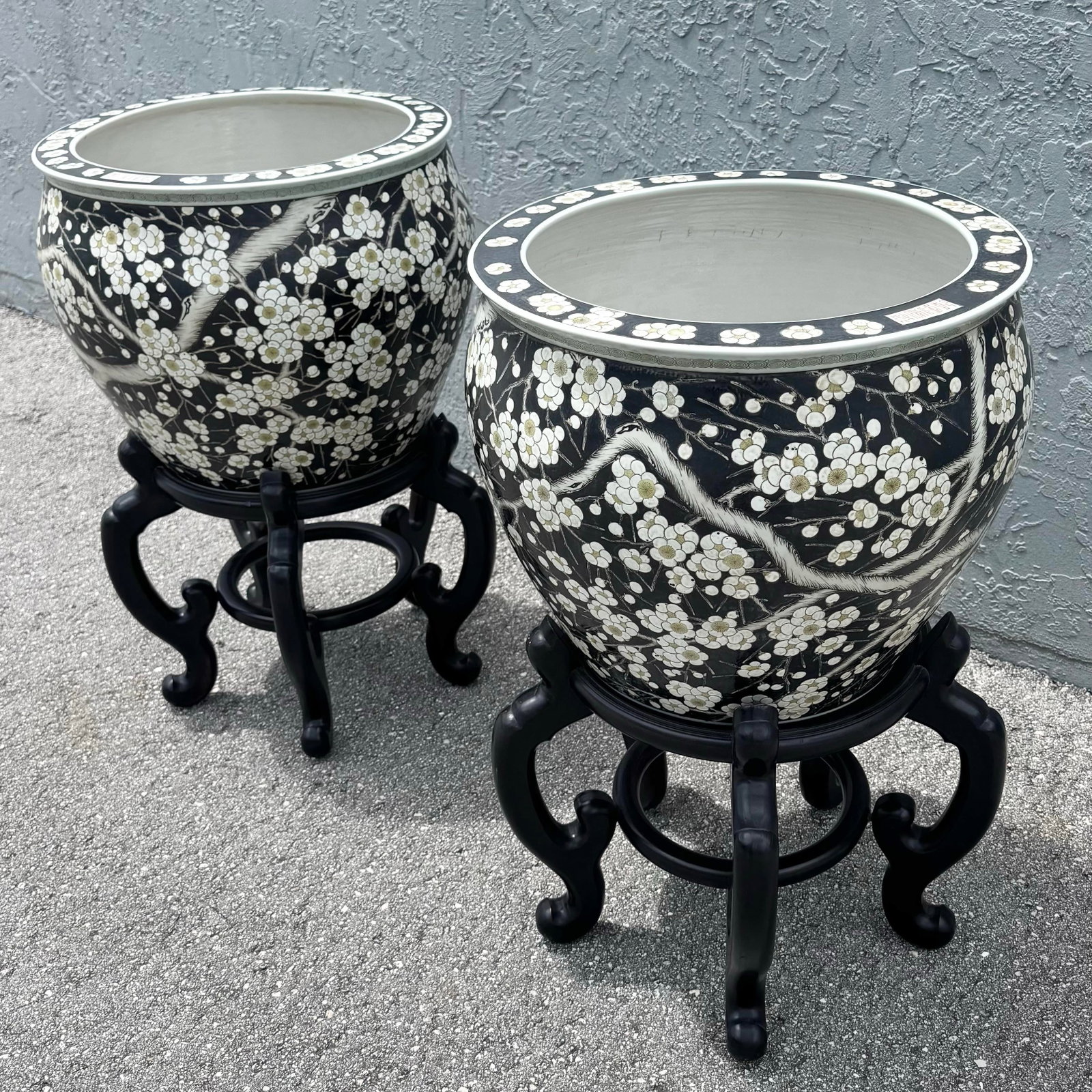Vintage Chinese Hand Painted Floor Vases/Fish Bowls on Wooden Stands - A Pair - 4