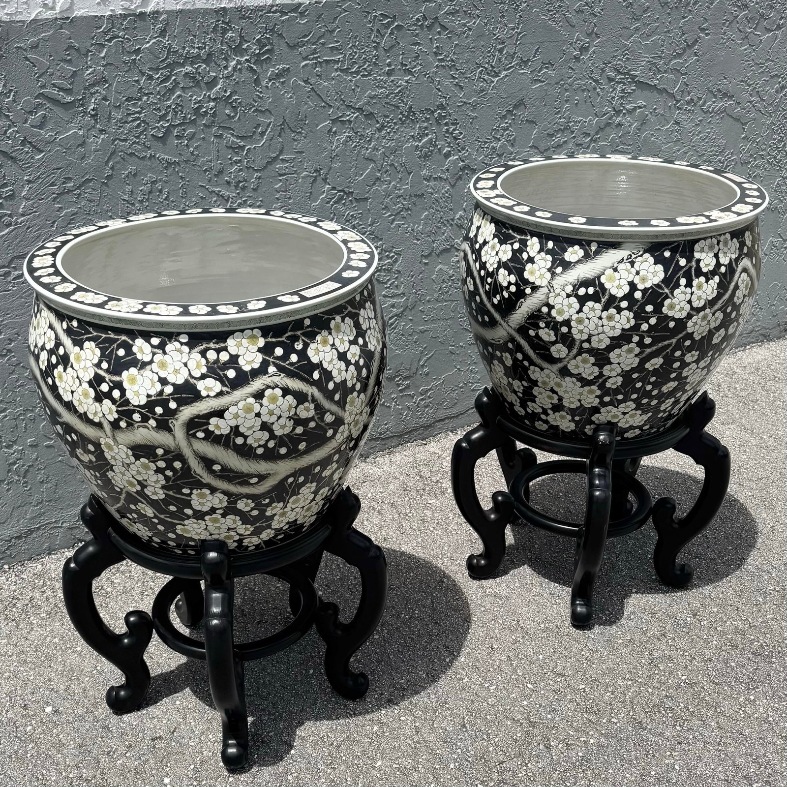Vintage Chinese Hand Painted Floor Vases/Fish Bowls on Wooden Stands - A Pair - 5