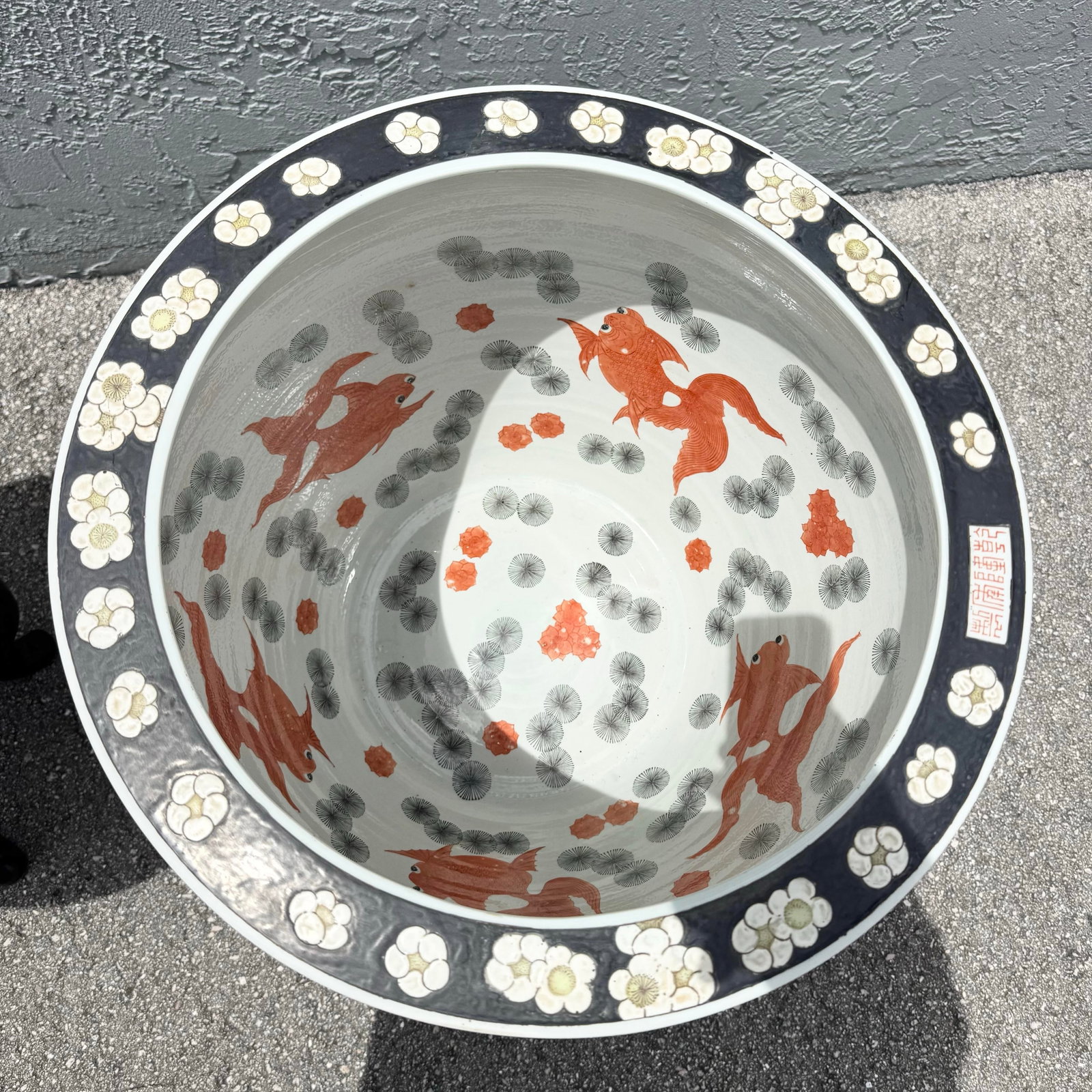 Vintage Chinese Hand Painted Floor Vases/Fish Bowls on Wooden Stands - A Pair - 6