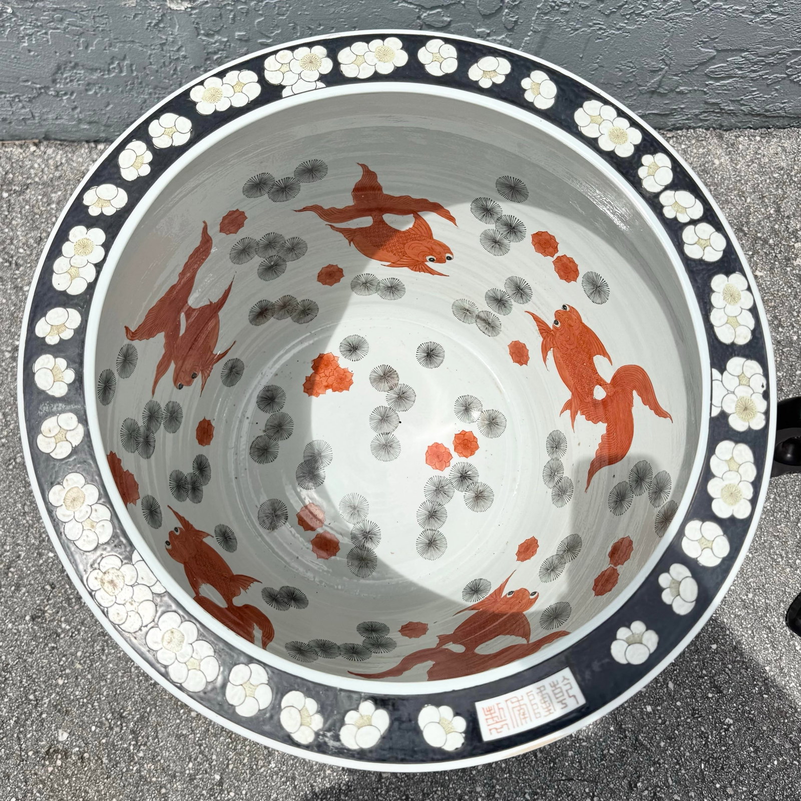 Vintage Chinese Hand Painted Floor Vases/Fish Bowls on Wooden Stands - A Pair - 7