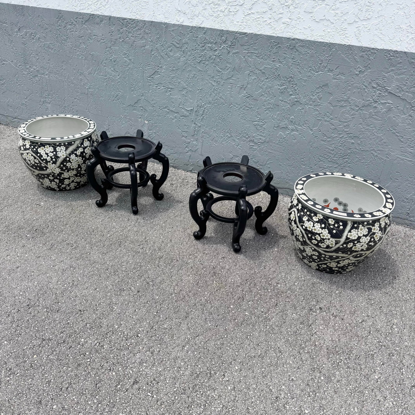 Vintage Chinese Hand Painted Floor Vases/Fish Bowls on Wooden Stands - A Pair - 9