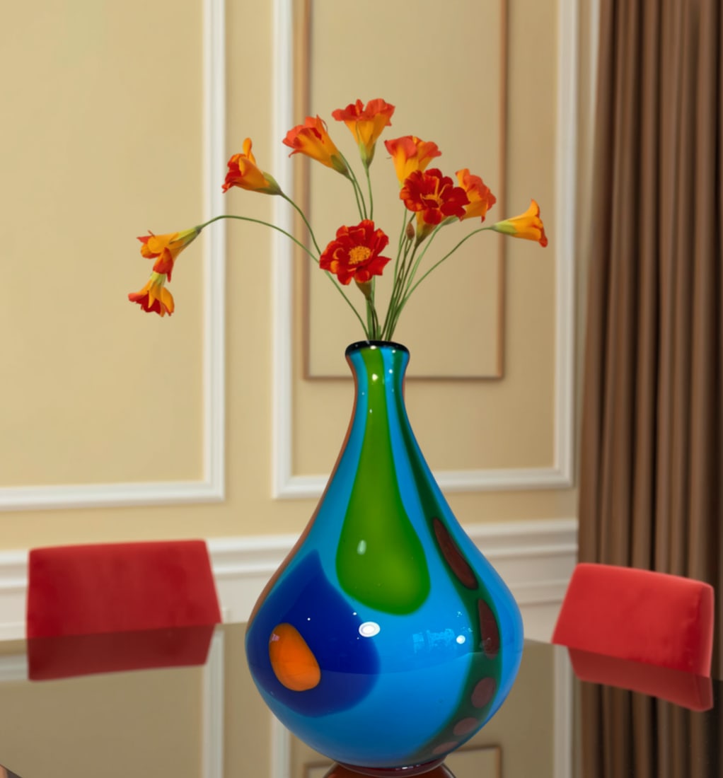 13+ In. Tall Murano Style Multicolor Tear Shaped Art Glass Vase - 8