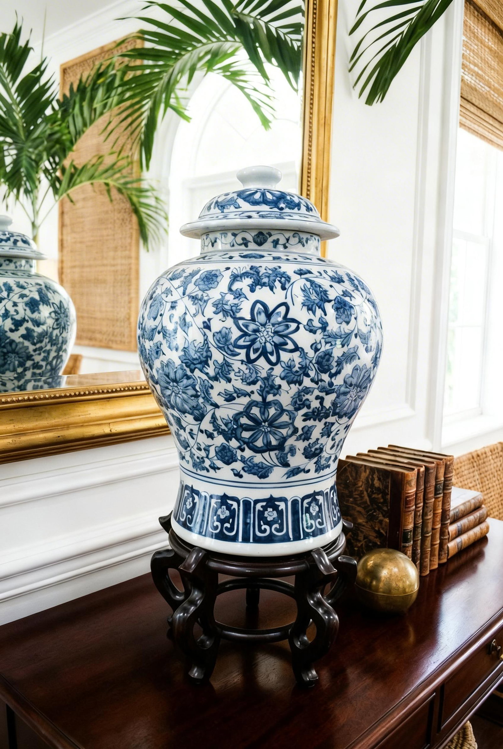 Large Mid 20th Century Hand-Painted Porcelain Ginger Jar on Chinese Wood Stand - 2