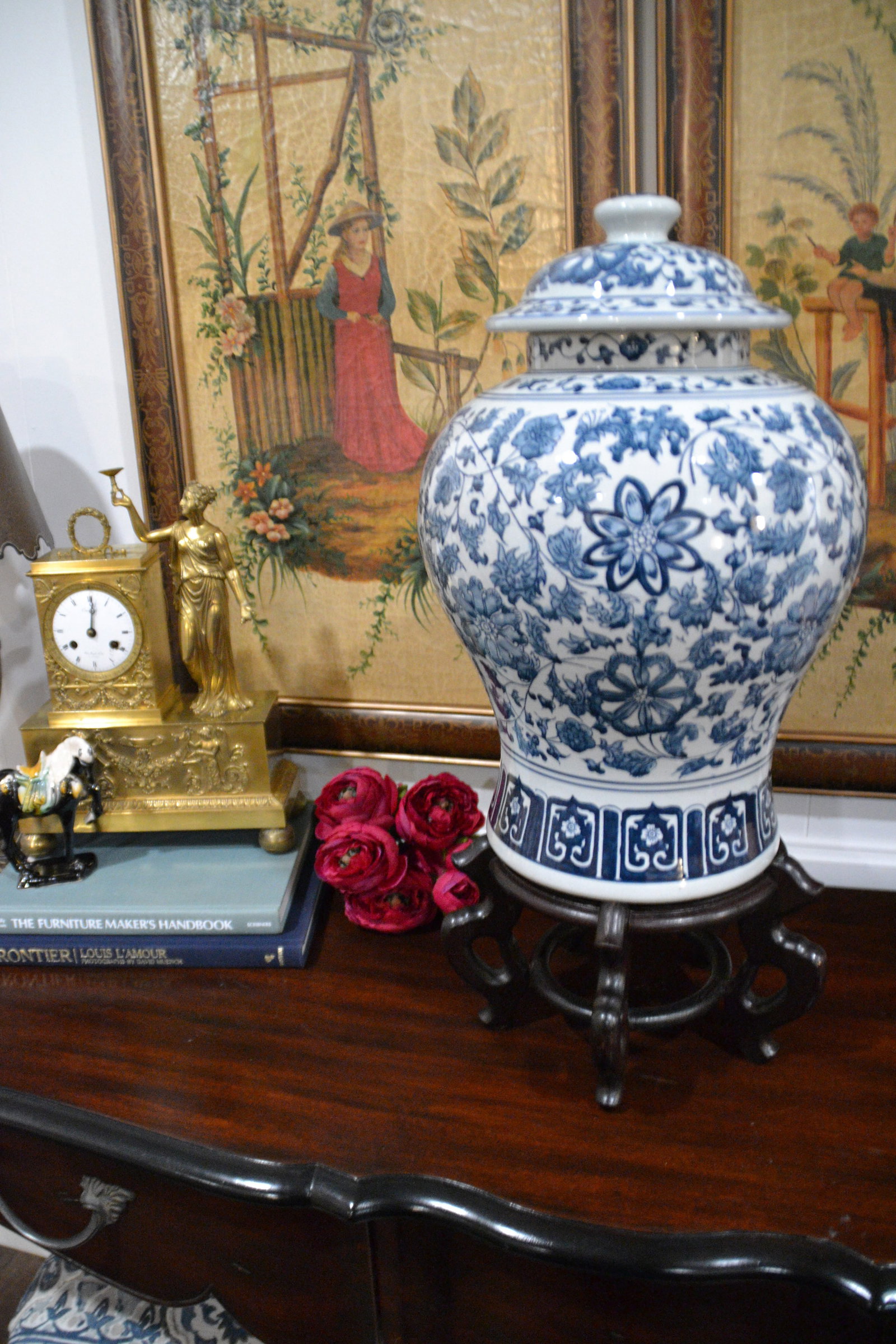 Large Mid 20th Century Hand-Painted Porcelain Ginger Jar on Chinese Wood Stand - 3
