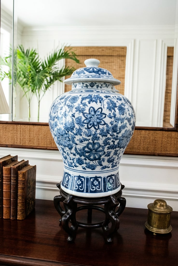 Large Mid 20th Century Hand-Painted Porcelain Ginger Jar on Chinese Wood Stand - 4
