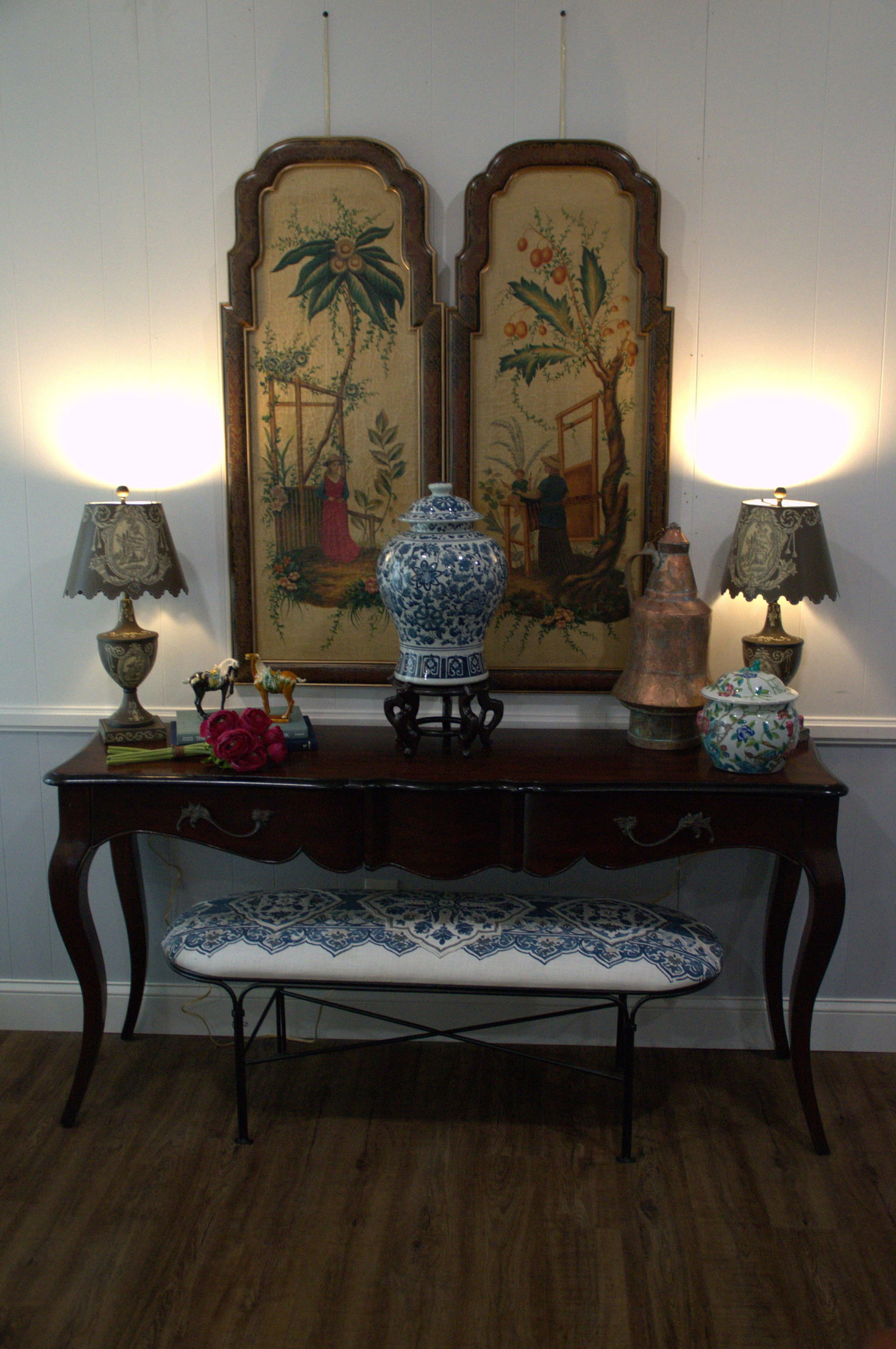 Large Mid 20th Century Hand-Painted Porcelain Ginger Jar on Chinese Wood Stand - 5