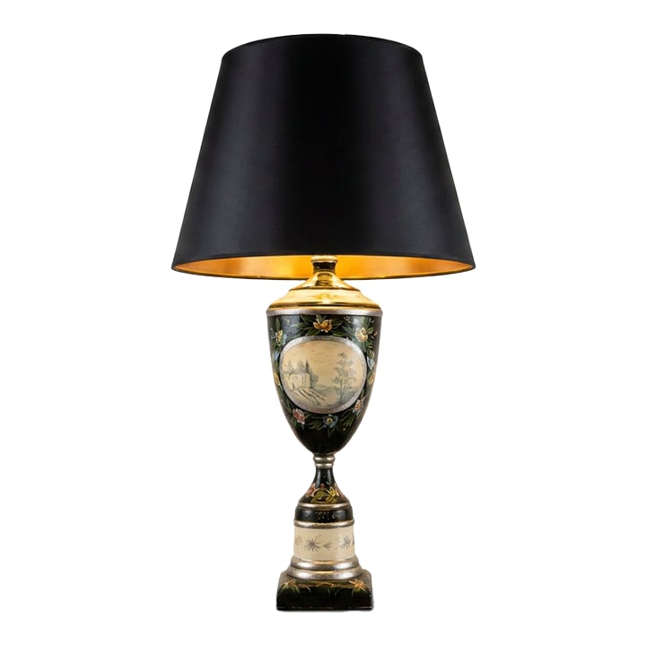 Large Vintage Hand-Painted Chinoiserie Black Lacquer Urn Table Lamp: Large vintage chinoiserie-style urn table lamp featuring hand-painted floral decoration, Sevres-style scenic cartouches, and antiqued metallic detailing on a dramatic black lacquer ground. The elegant