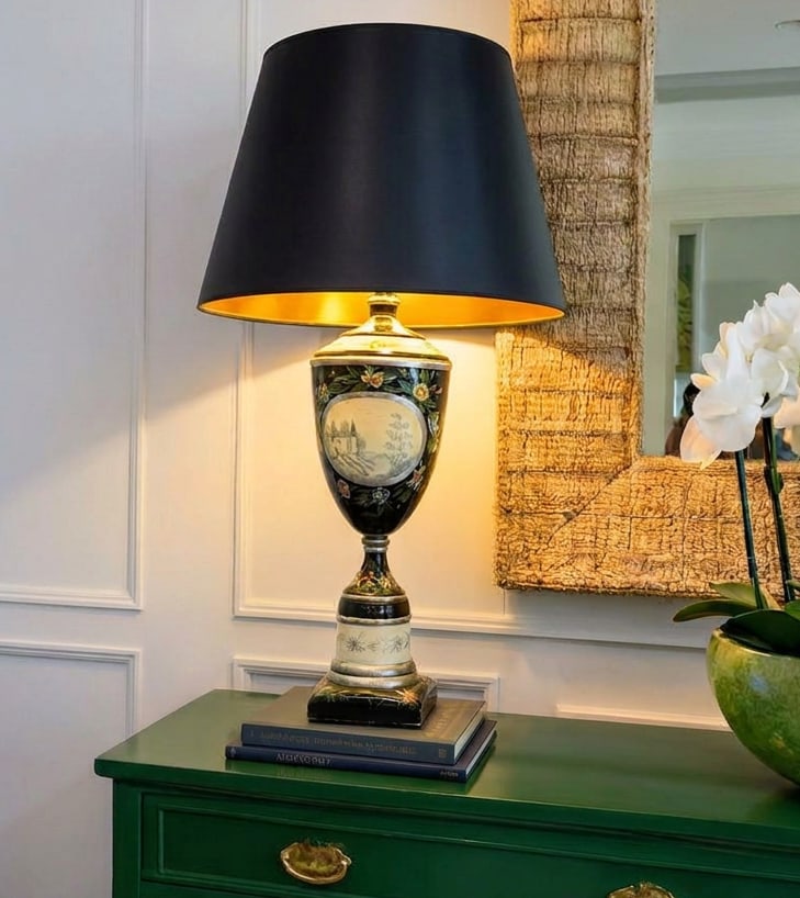 Large Vintage Hand-Painted Chinoiserie Black Lacquer Urn Table Lamp - 2