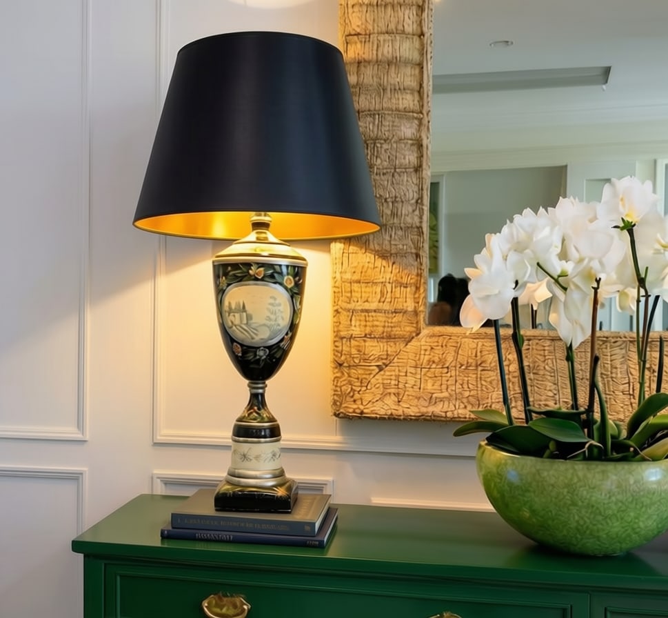 Large Vintage Hand-Painted Chinoiserie Black Lacquer Urn Table Lamp - 3