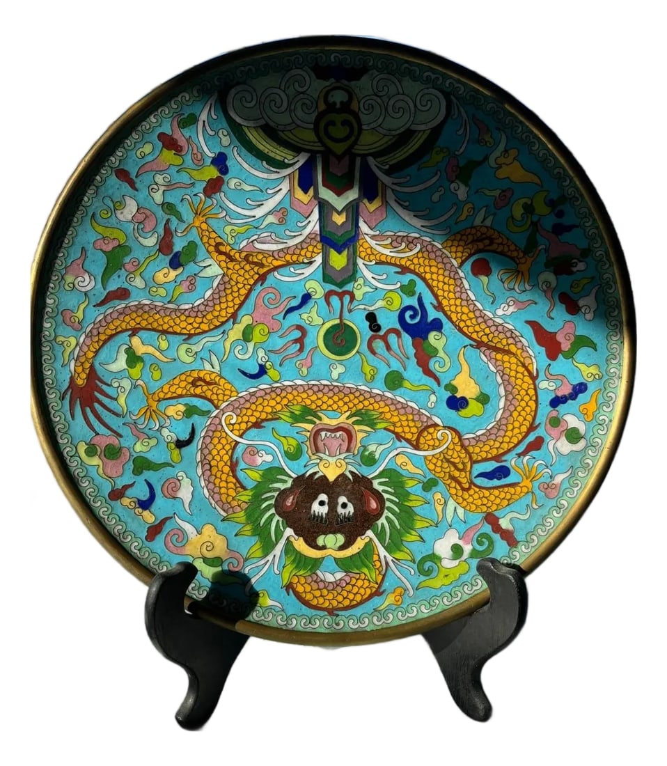 Large 12" Antique Chinese Cloisonne Dragon Charger Plate - Late Qing/Republic: A commanding antique Chinese cloisonne enamel charger from the Late Qing Dynasty to early Republic period. This 12-inch basin-style plate features a vibrantly enameled five-clawed imperial dragon in g