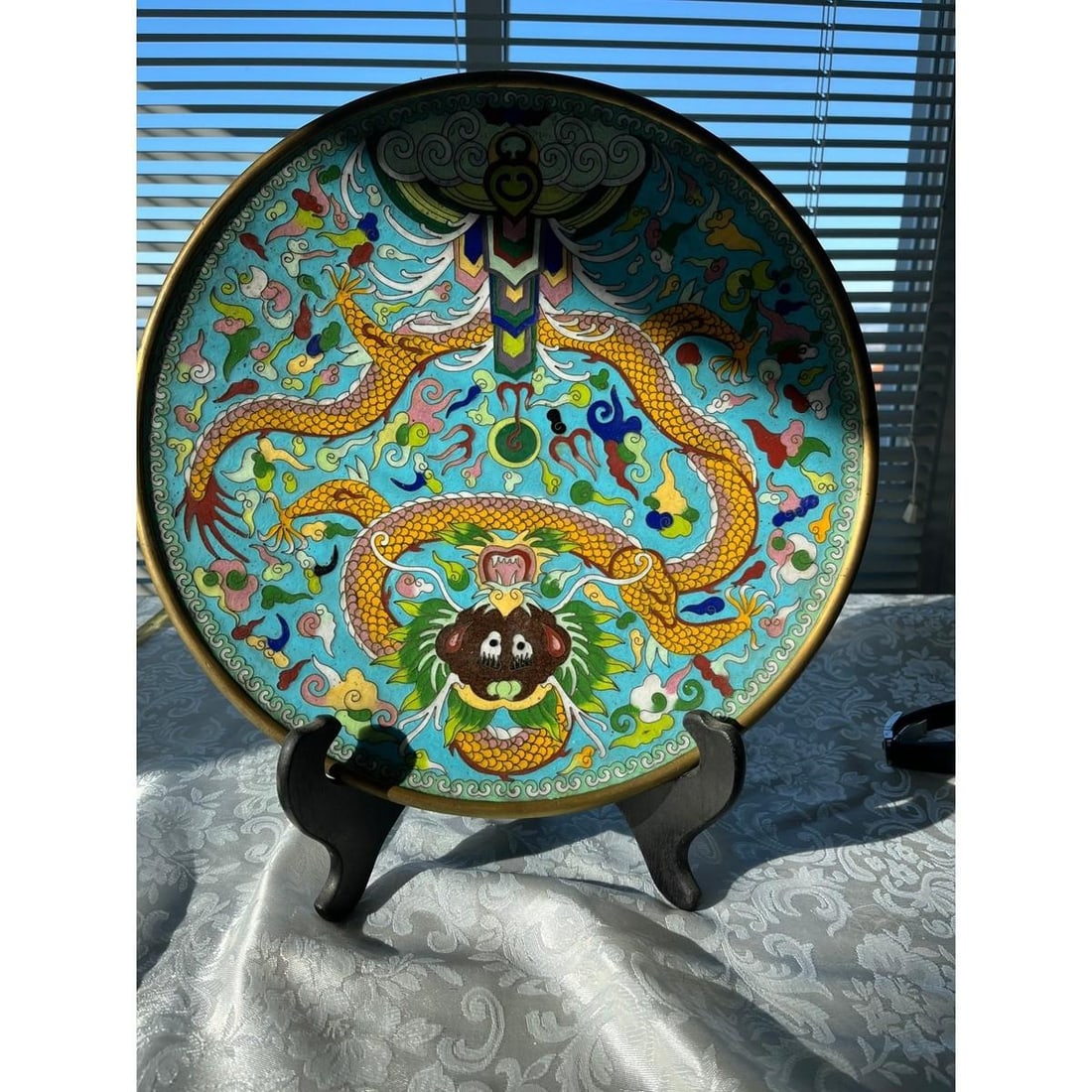 Large 12" Antique Chinese Cloisonne Dragon Charger Plate - Late Qing/Republic - 2