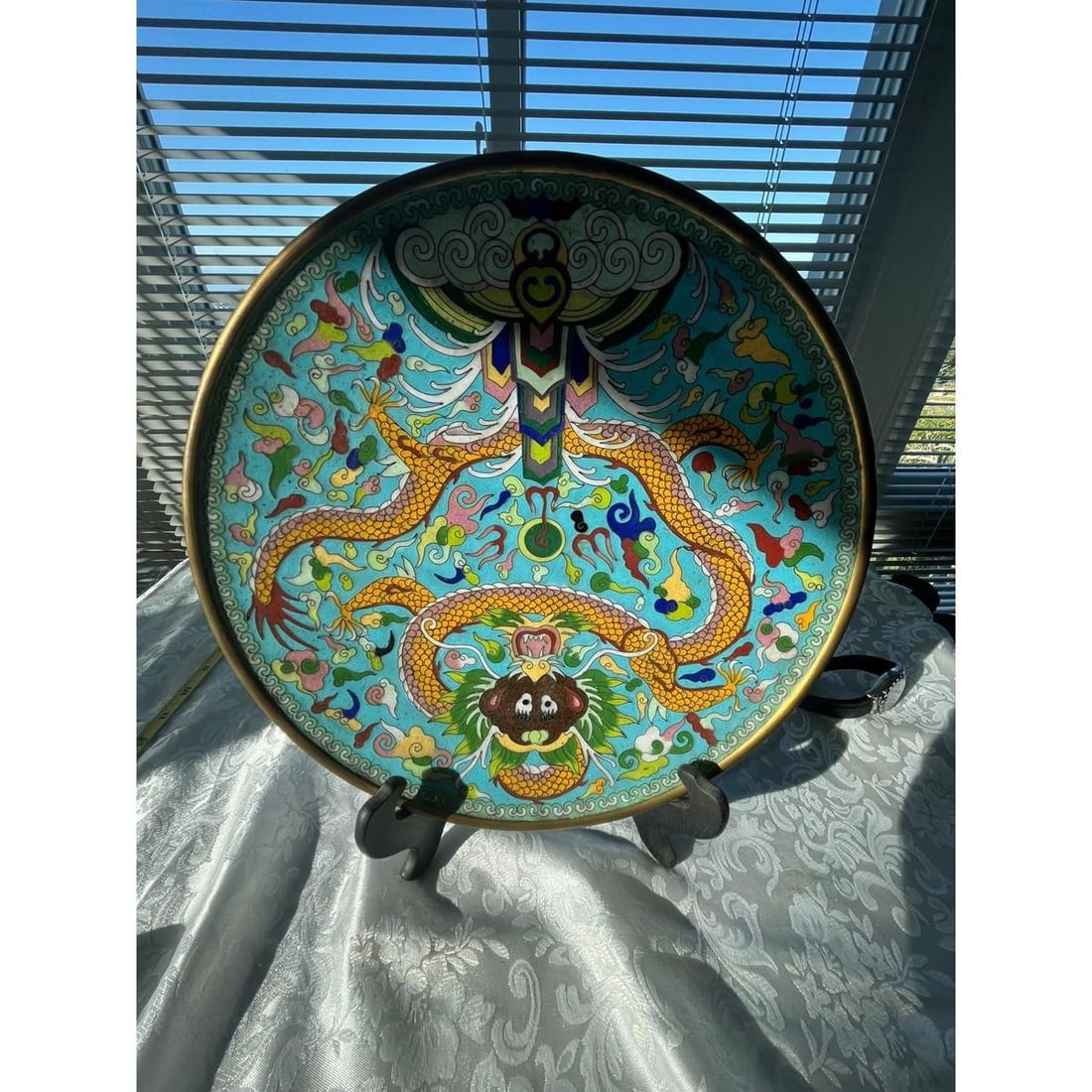 Large 12" Antique Chinese Cloisonne Dragon Charger Plate - Late Qing/Republic - 3